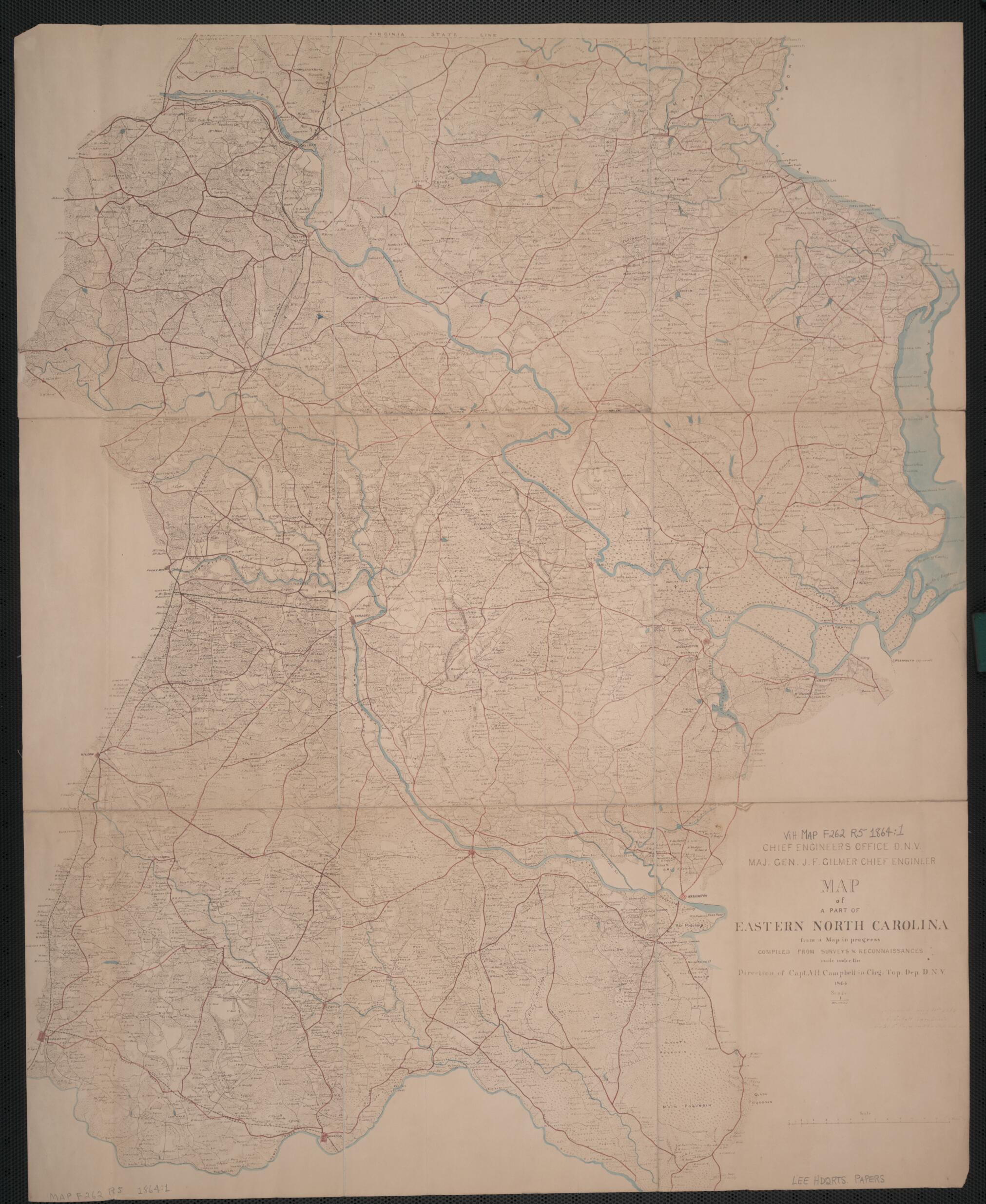 This old map of Map of a Part of Eastern North Carolina from a Map In Progress from 1864 was created by Albert H. (Albert Henry) Campbell, Confederate States of America. Army. Dept. Of Northern Virginia. Chief Engineer&