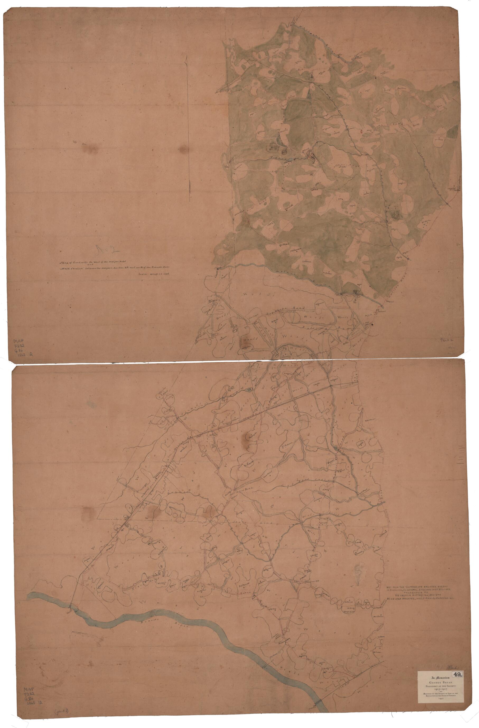 This old map of Map of Greensville Co., West of Halifax Road and North Carolina Between the Halifax & Jourdan Rds and North of the Roanoke River from 1863 was created by Confederate States of America. Army. Dept. Of Northern Virginia. Chief Engineer&