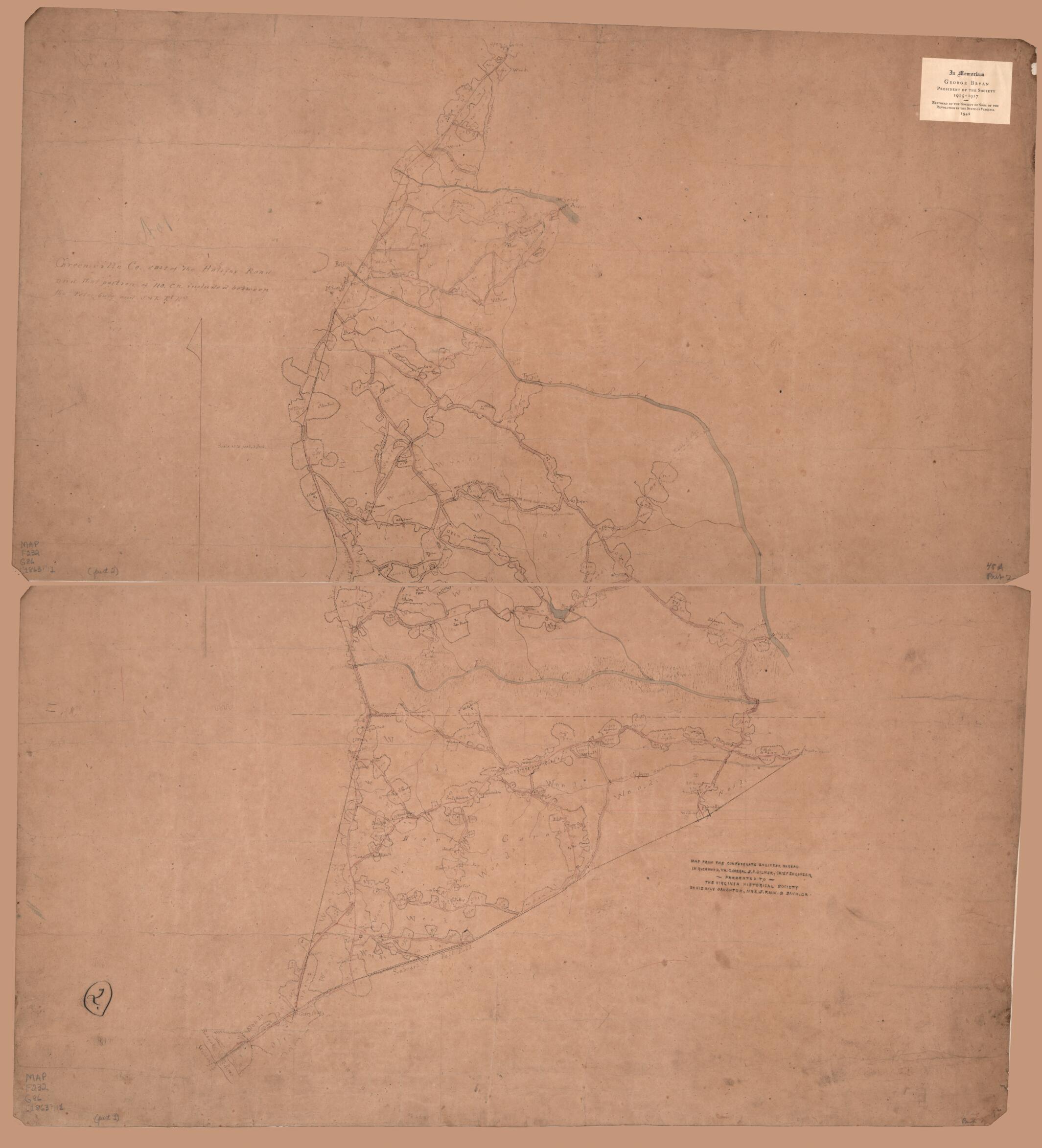 This old map of Greensville Co. East of the Halifax Road and That Portion of No. Ca. Included Between the Petersburg and S.& R. Rl. Rds from 1863 was created by Confederate States of America. Army. Dept. Of Northern Virginia. Chief Engineer&