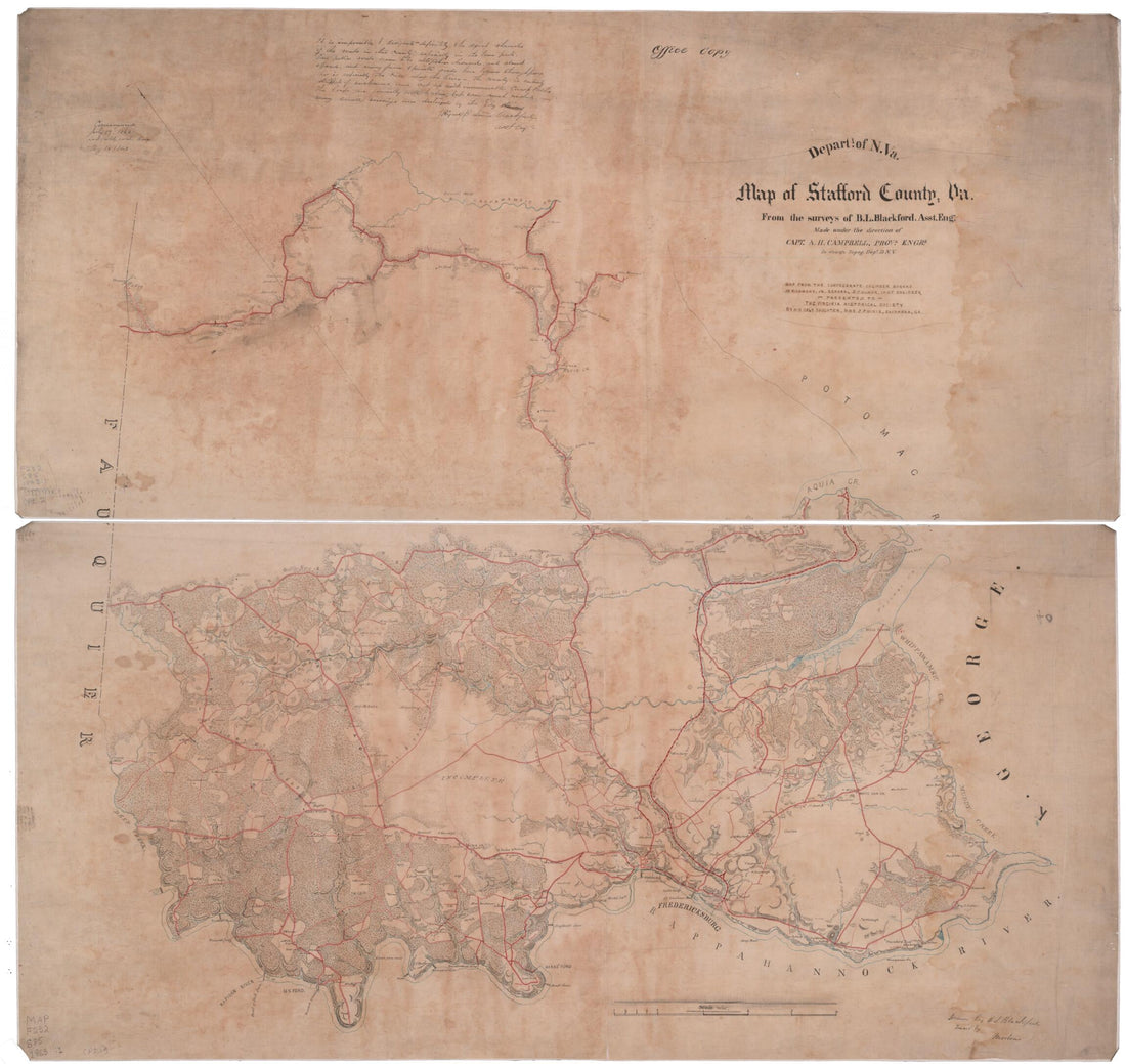 This old map of Map of Stafford County, Va from 1863 was created by B. L. (Benjamin Lewis) Blackford, Albert H. (Albert Henry) Campbell, Confederate States of America. Army. Dept. Of Northern Virginia. Chief Engineer&