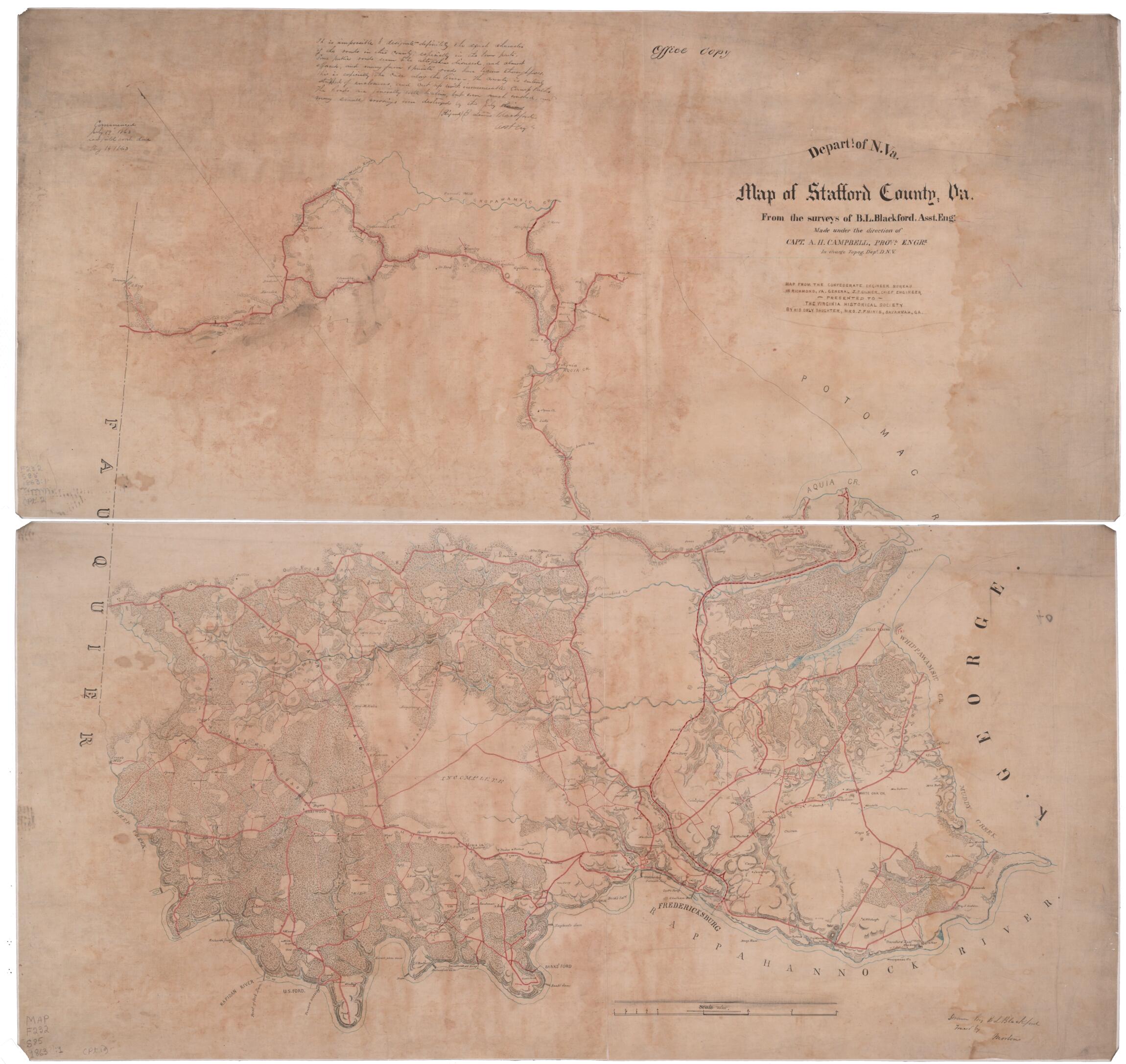 This old map of Map of Stafford County, Va from 1863 was created by B. L. (Benjamin Lewis) Blackford, Albert H. (Albert Henry) Campbell, Confederate States of America. Army. Dept. Of Northern Virginia. Chief Engineer&