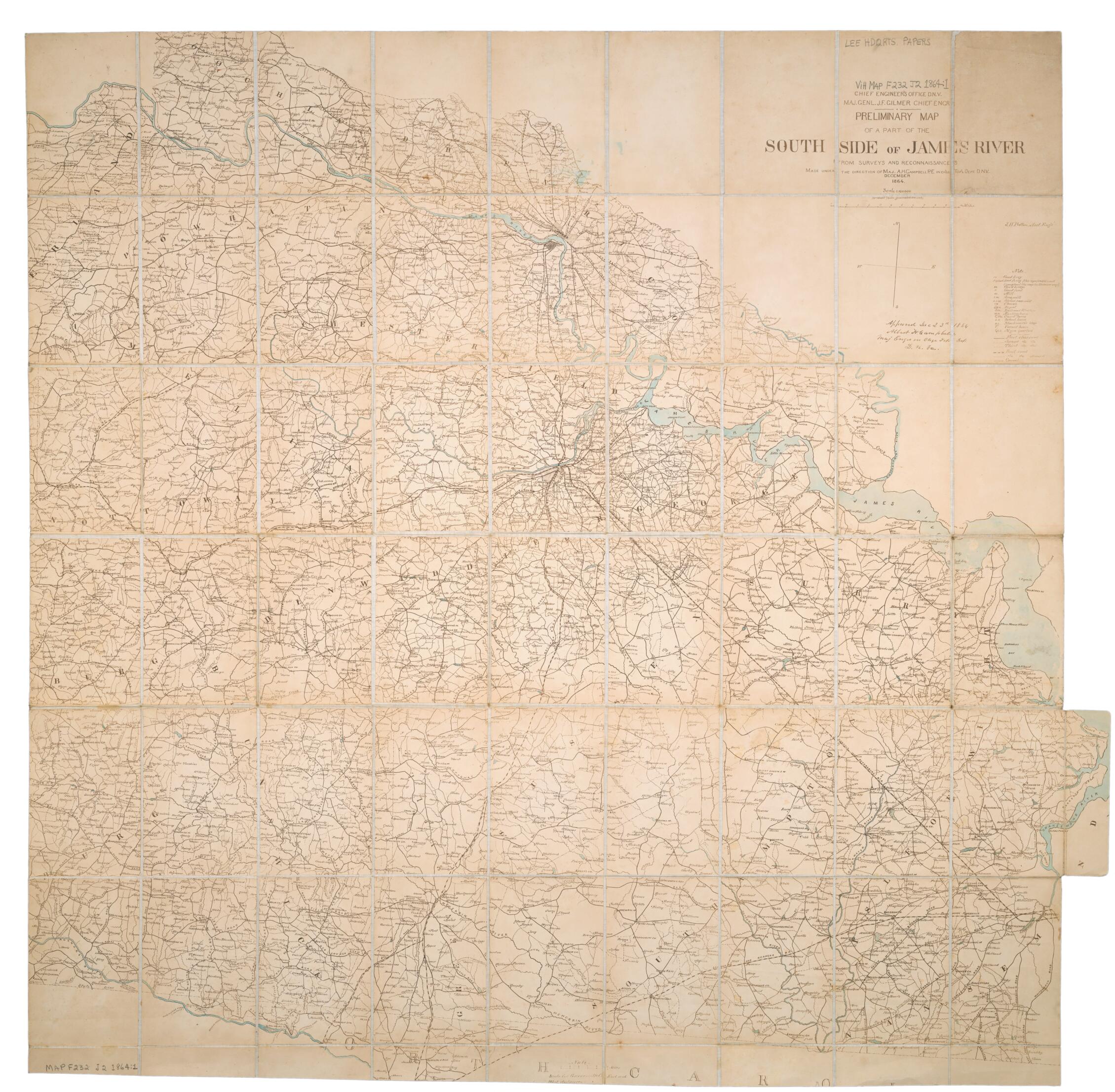 This old map of Preliminary Map of a Part of the South Side of James River from 1864 was created by Albert H. (Albert Henry) Campbell, Confederate States of America. Army. Dept. Of Northern Virginia. Chief Engineer&