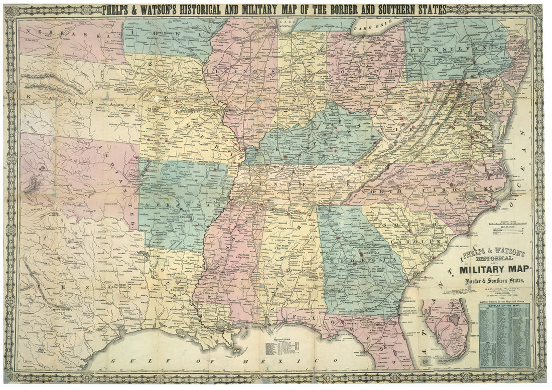 This old map of Phelps & Watson Historical and Military Map of the Border & Southern States (Historical and Military Map of the Border & Southern States) from 1866 was created by Phelps & Watson in 1866