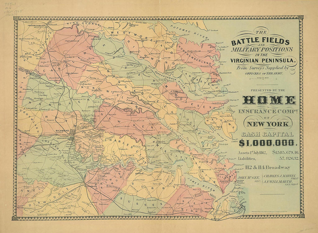 This old map of The Battle Fields and Military Positions In the Virginian Peninsula from Surveys Supplied by Officers of the Army. (Battlefields and Military Positions In the Virginian Peninsula) from 1862 was created by D. A. Heald, Home Insurance Comp