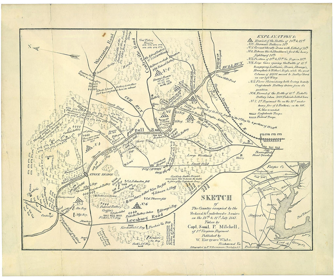 This old map of Sketch of the Country Occupied by the Federal & Confederate Armies On the 18th & 21st July from 1861 was created by F. W. Bornemann, Samuel P. Mitchell, W. Hargrave White in 1861