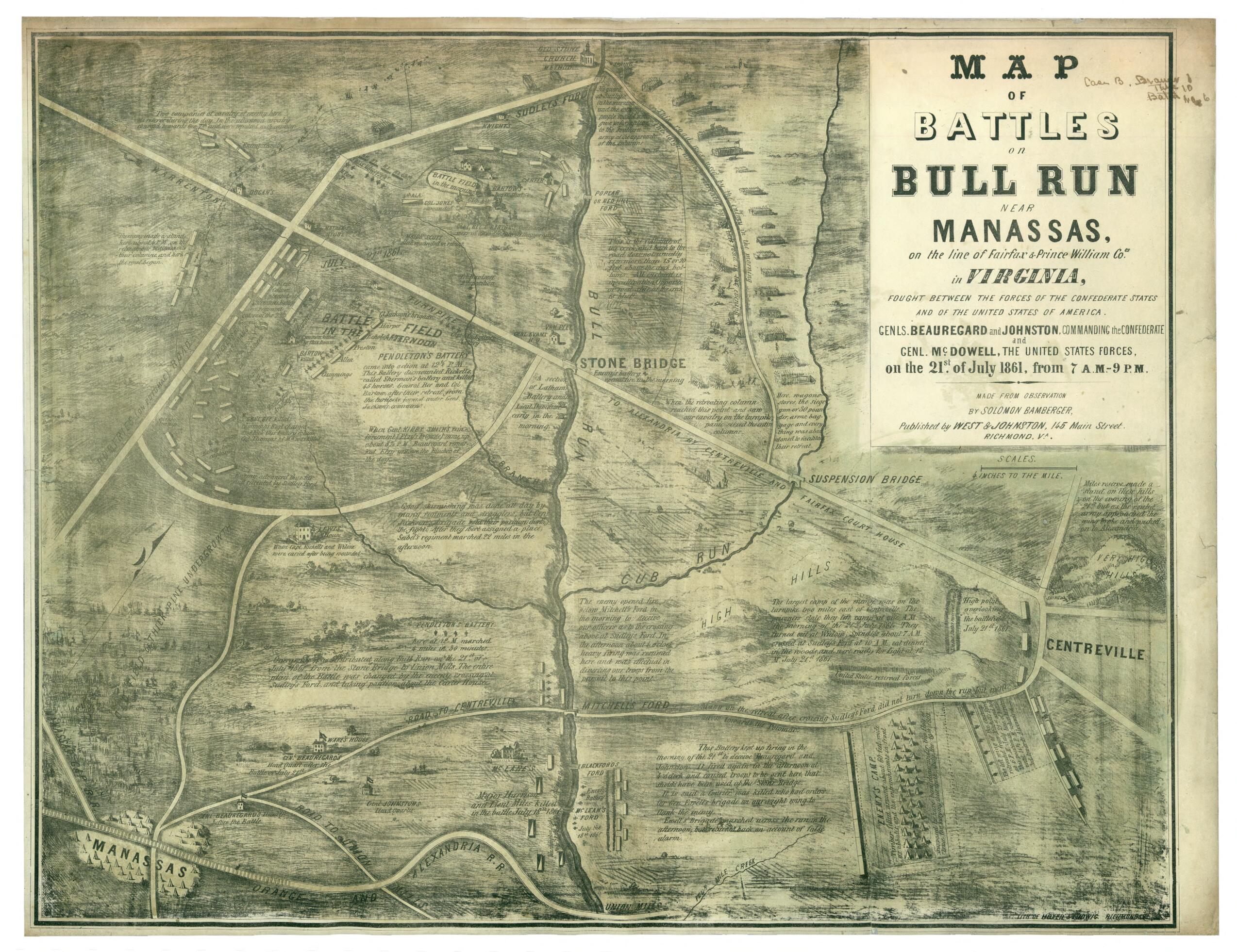 This old map of Map of Battles On Bull Run Near Manassas, 21st of July from 1861 On the Line of Fairfax & Prince William Counties In Virginia, Fought Between the Forces of the Confederate States and of the United States of America was created by Solomon