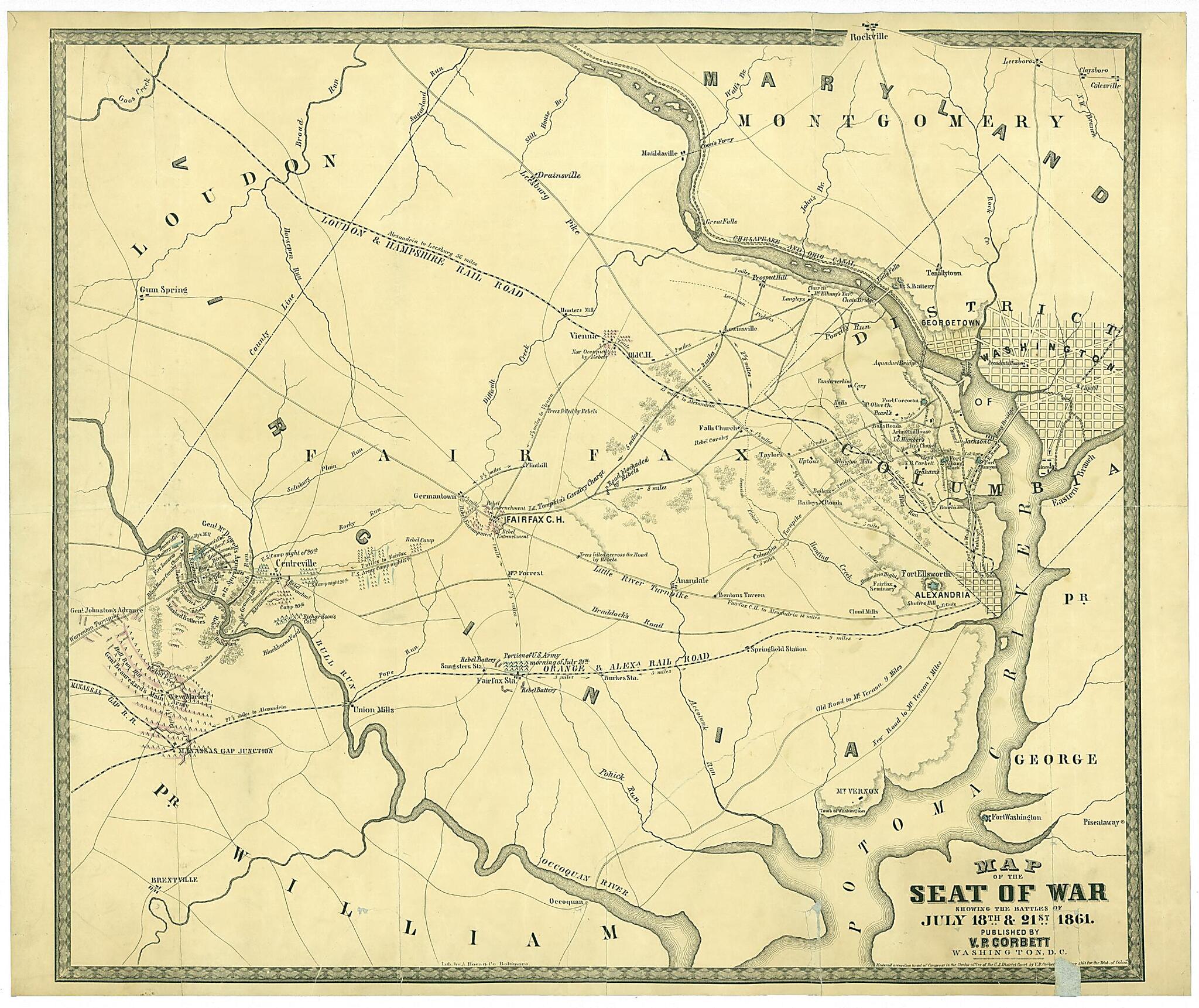 This old map of Map of the Seat of War Showing the Battles of July 18th & 21st, from 1861 was created by A. Hoen & Co., V. P. Corbett in 1861