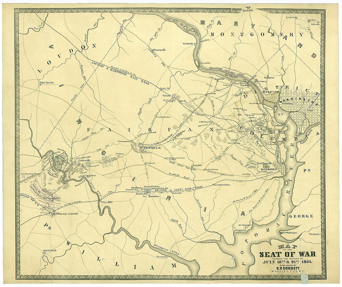 This old map of Map of the Seat of War Showing the Battles of July 18th & 21st, from 1861 was created by A. Hoen & Co., V. P. Corbett in 1861