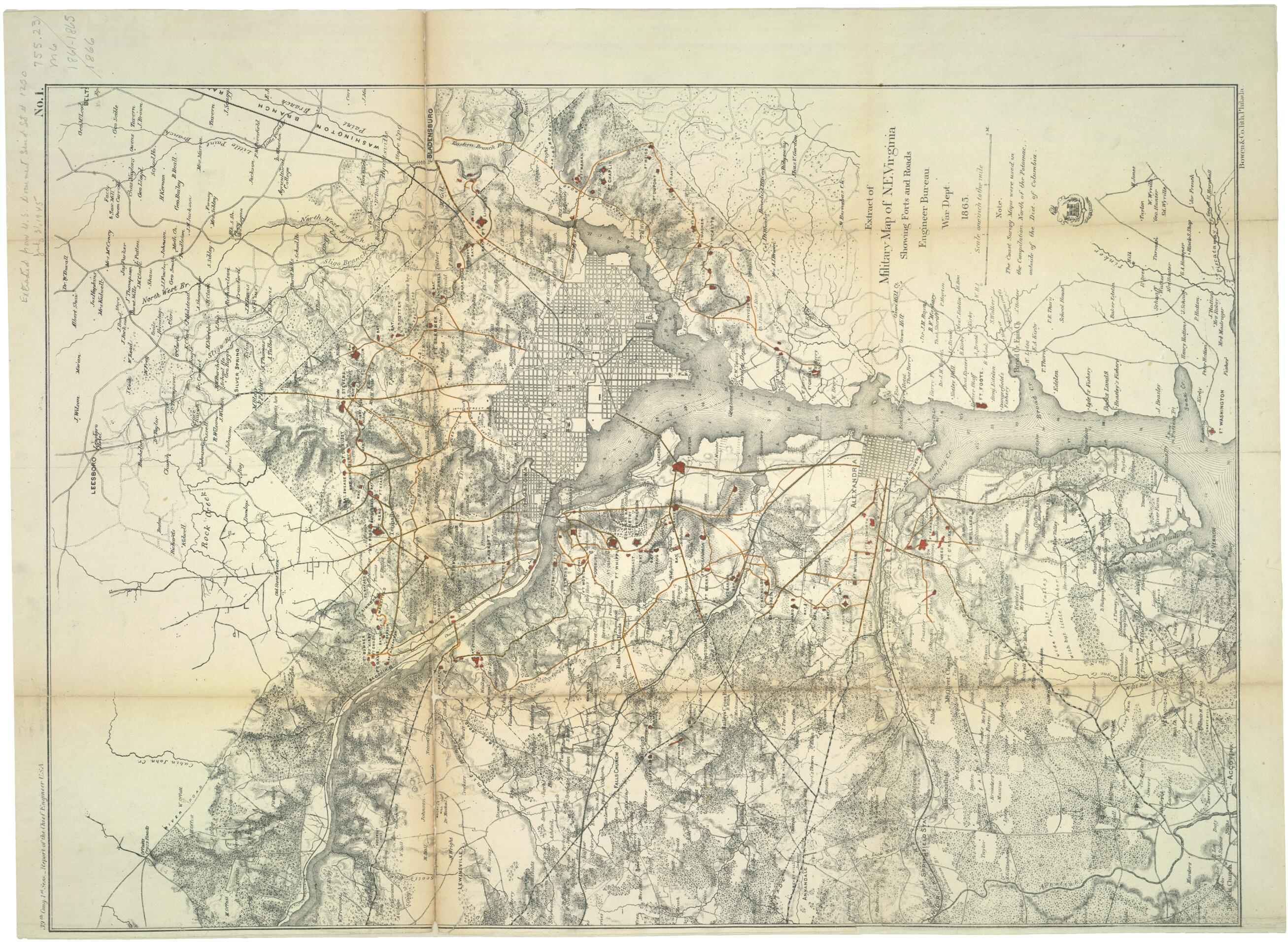 This old map of Extract of Military Map of N.E. Virginia Showing Forts and Roads (Military Map of N.E. Virginia) from 1865 was created by Bowen & Co., United States. Congress, United States. War Dept. Engineer Bureau in 1865