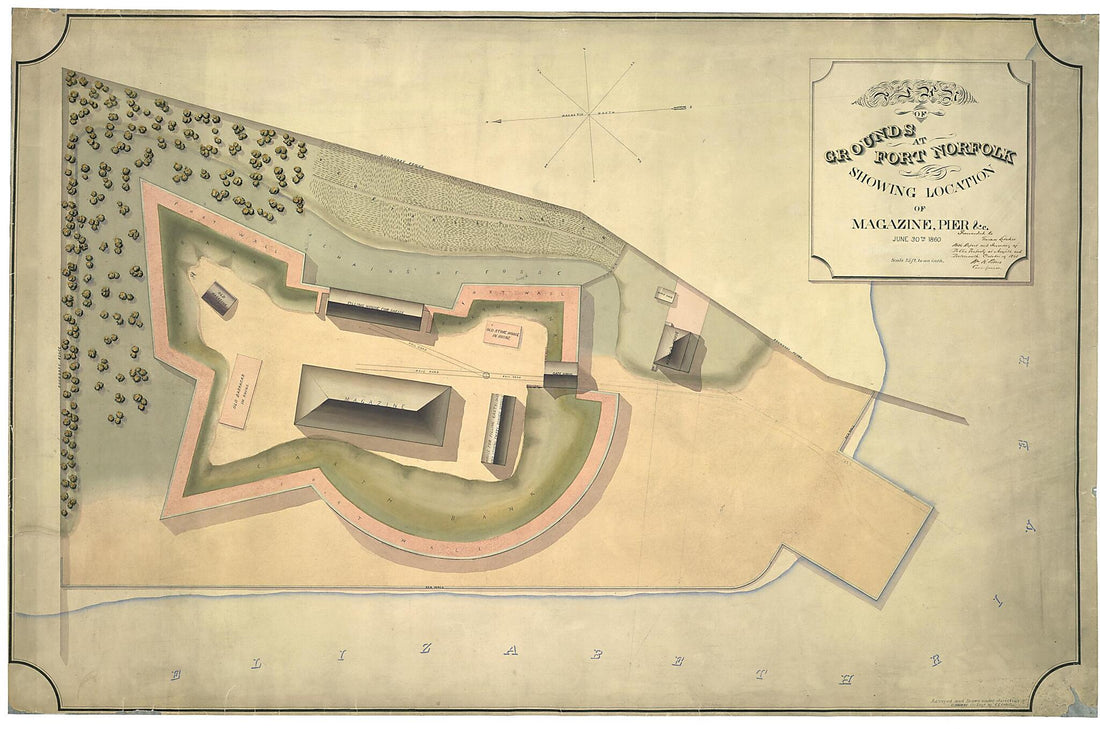 This old map of Plan of Grounds at Fort Norfolk Showing Location of Magazine Pier, &c., June 30th, from 1860 was created by C. Browne, Charles E. Cassell in 1860