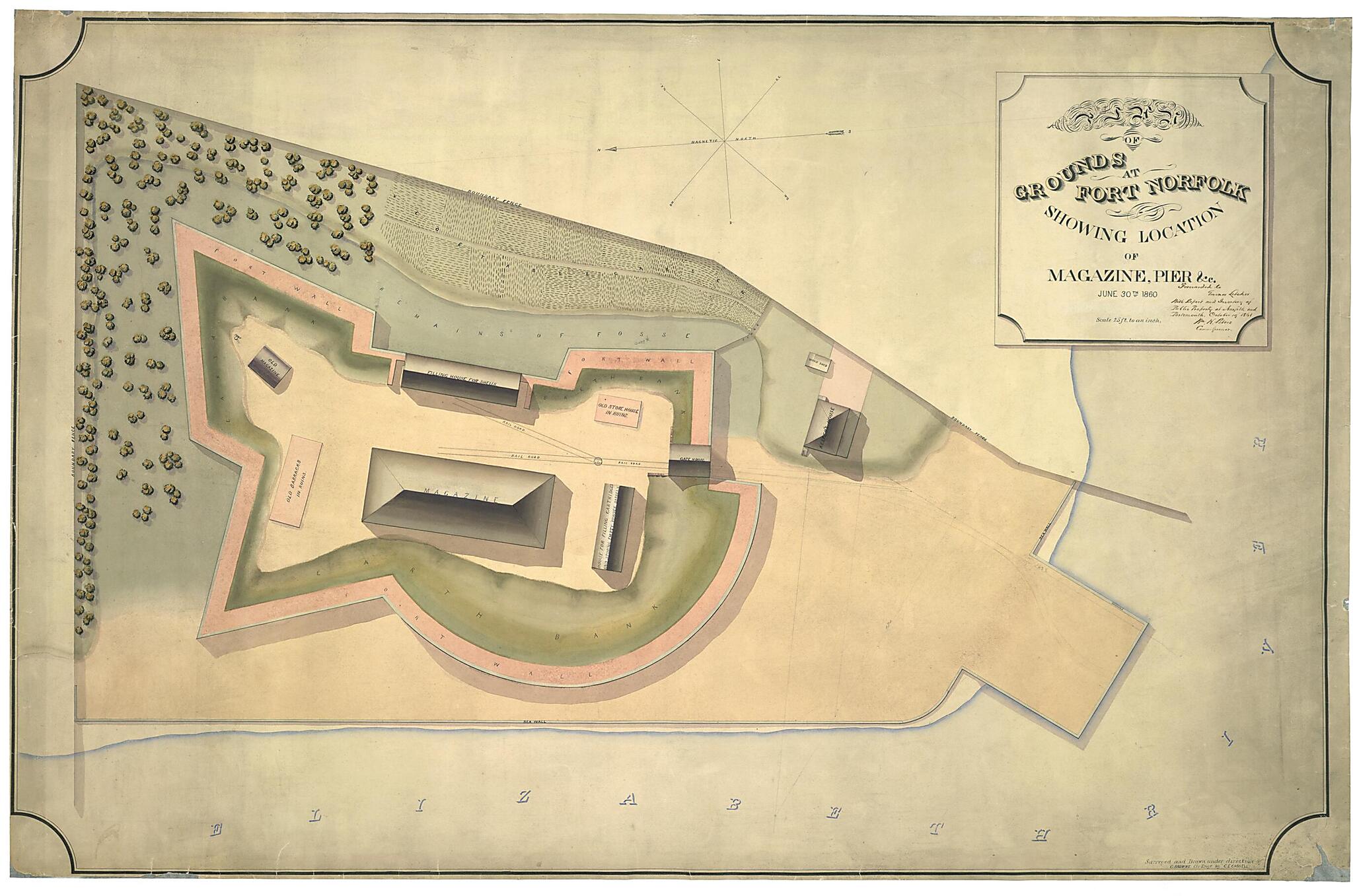 This old map of Plan of Grounds at Fort Norfolk Showing Location of Magazine Pier, &c., June 30th, from 1860 was created by C. Browne, Charles E. Cassell in 1860