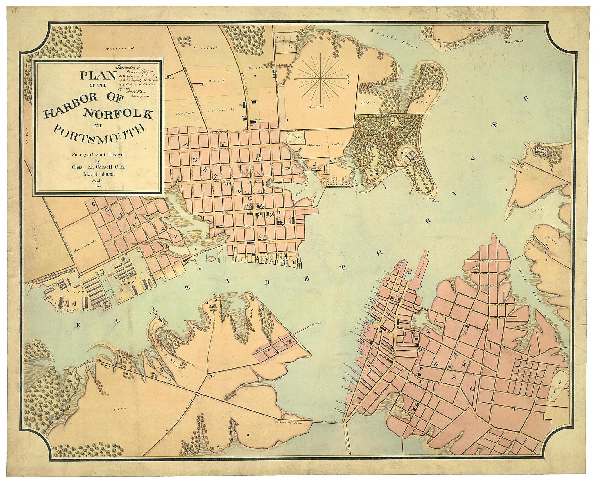This old map of Plan of the Harbor of Norfolk and Portsmouth, March 1st, from 1861 was created by Charles E. Cassell in 1861