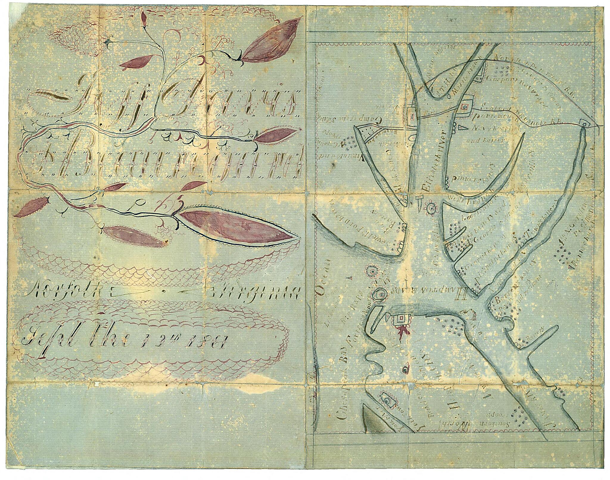 This old map of Norfolk, Virginia Sept. the 12th, from 1861 (Jeff Davis & Beauregard, Norfolk Virginia) was created by R.C. Harden in 1861