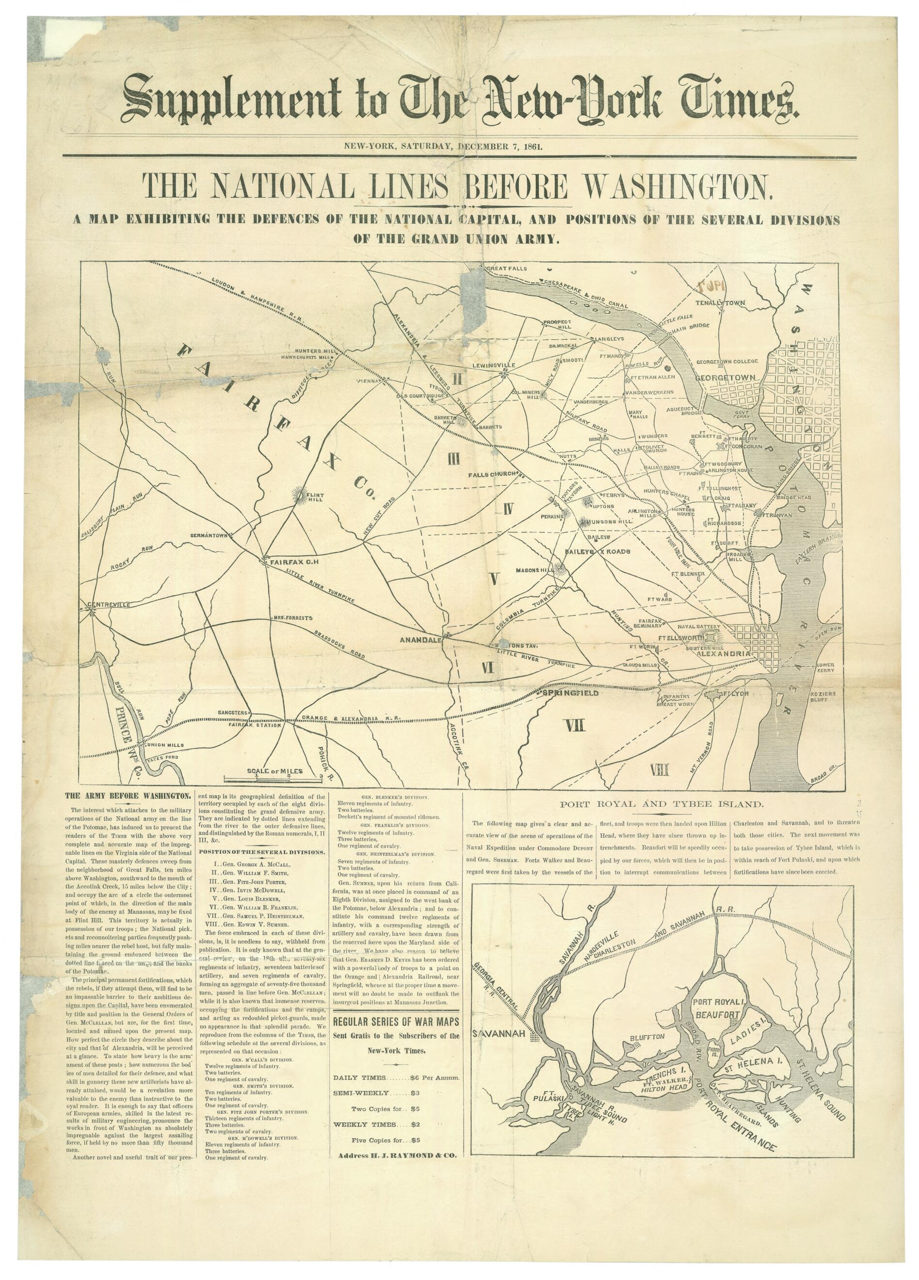 This old map of York Times : New York, Saturday, December 7, from 1861. (Map Exhibiting the Defences of the National Capital and Positions of the Several Divisions of the Grand Union Army) was created by in 1861
