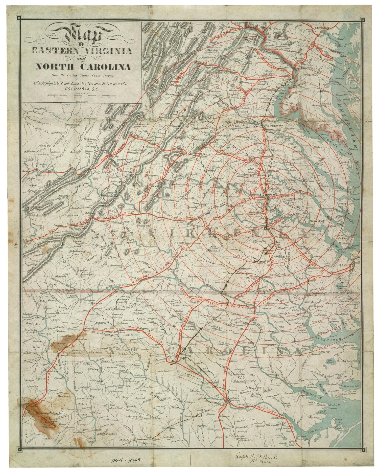 This old map of Map of Eastern Virginia and North Carolina from the United States Coast Survey from 1864 was created by  Evans & Cogswell,  United States Coast Survey in 1864