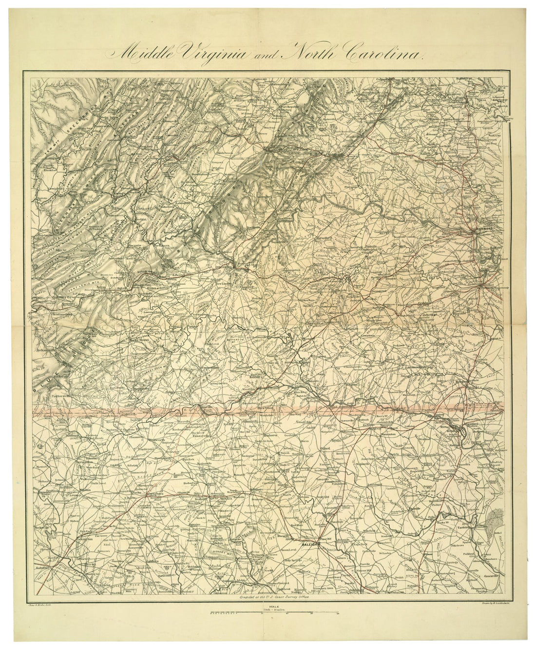 This old map of Middle Virginia and North Carolina from 1864 was created by Charles G. Krebs, H. (Henry) Lindenkohl, James Fowler Rusling, United States Coast Survey in 1864