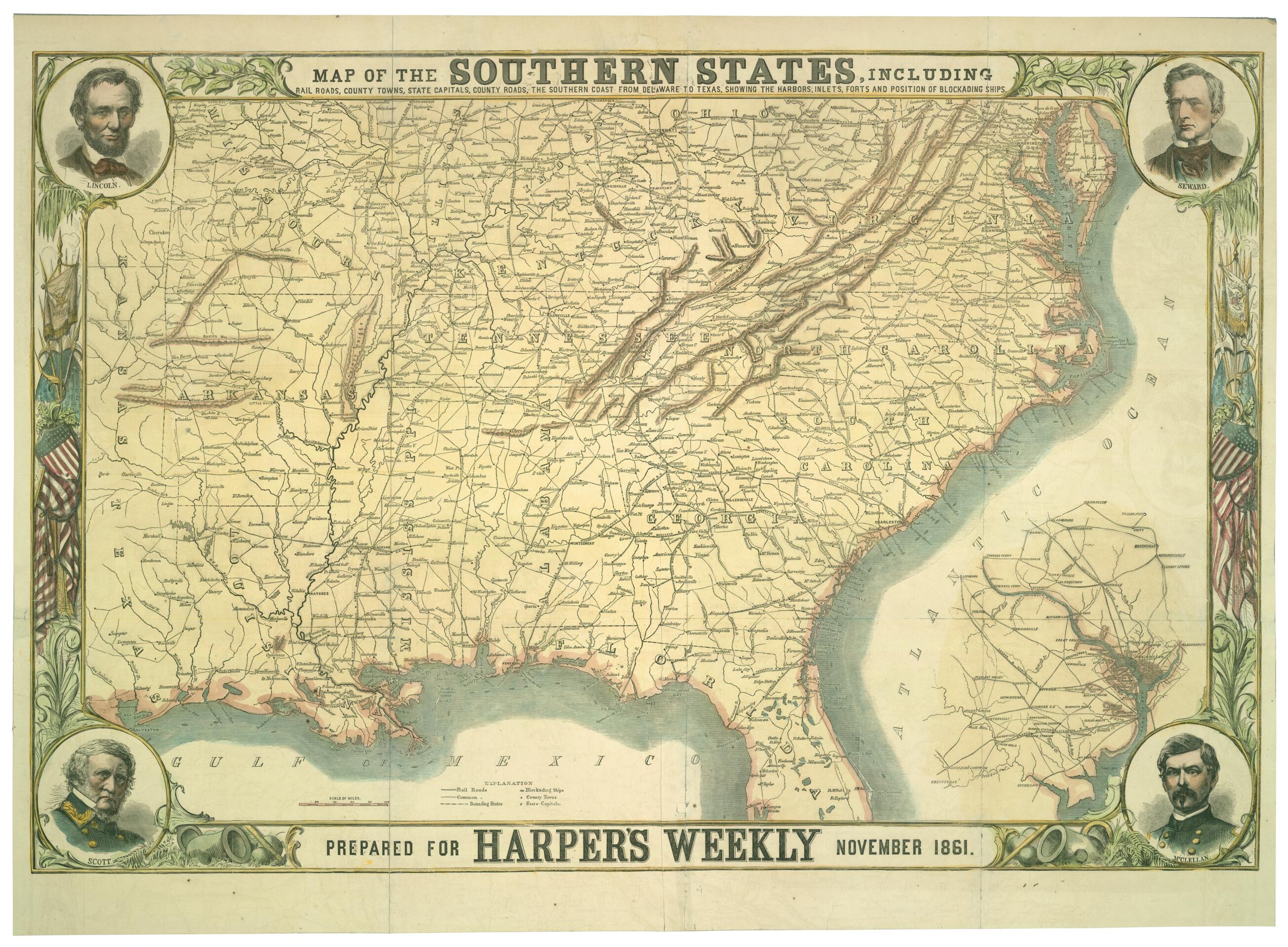 This old map of Map of the Southern States, Including Rail Roads, County Towns, State Capitals, County Roads, the Southern Coast from Delaware to Texas, Showing the Harbors, Inlets, Forts, and Position of Blockading Ships from 1861 was created by in 186