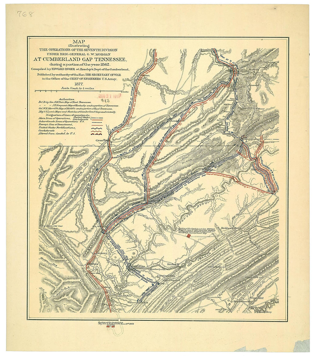 This old map of Map Illustrating the Operations of the Seventh Division Under Brig. General G.W. Morgan at Cumberland Gap, Tennessee During a Portion of the Year from 1862 was created by Edward Ruger, United States. Army. Corps of Engineers in 1862