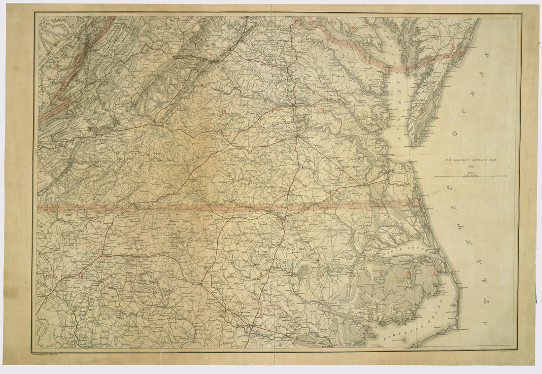 This old map of Southern Virginia and Northern North Carolina (Map of Virginia and North Carolina) from 1865 was created by Charles G. Krebs, A. Lindenkohl, H. (Henry) Lindenkohl, United States Coast Survey in 1865