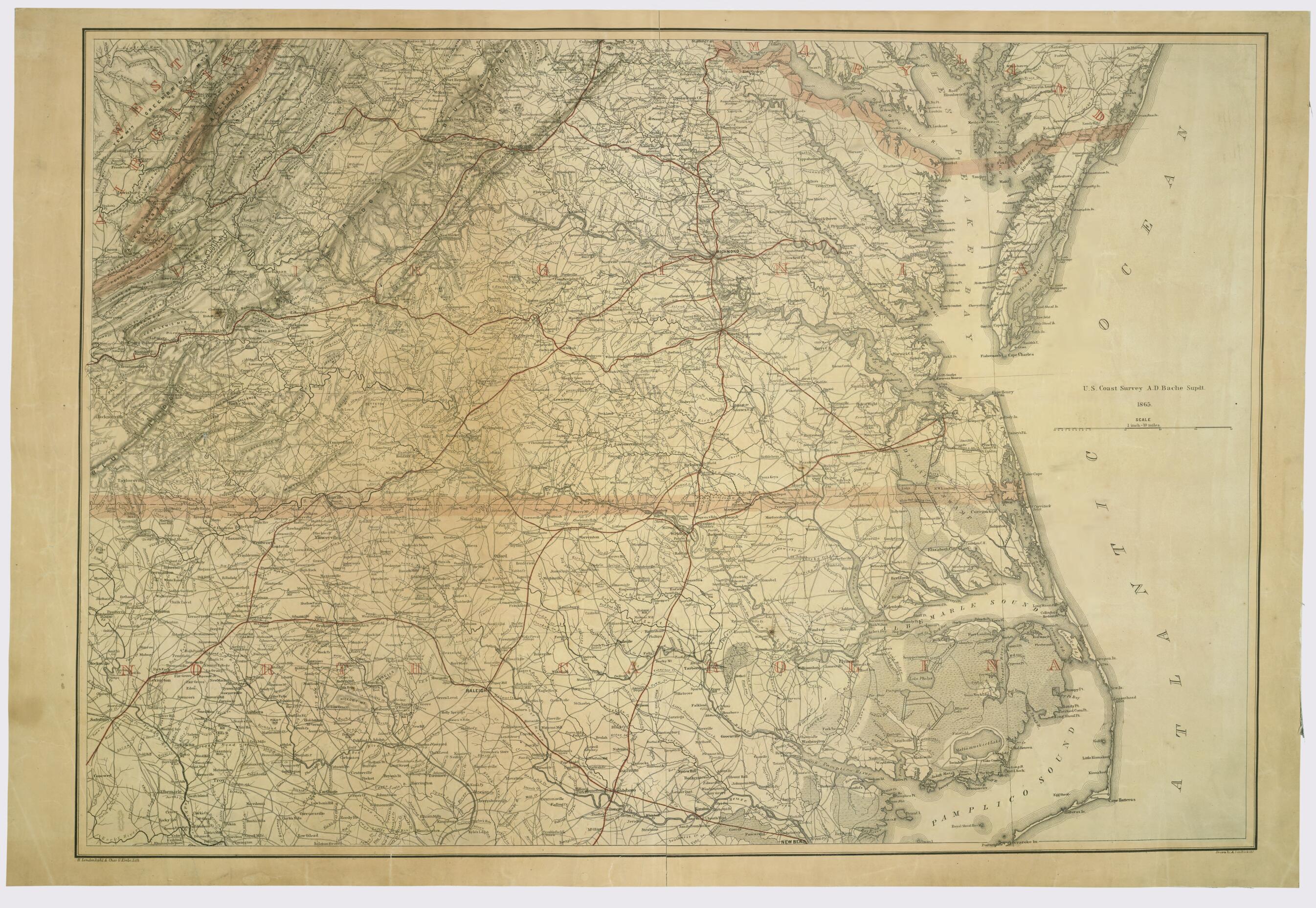 This old map of Southern Virginia and Northern North Carolina (Map of Virginia and North Carolina) from 1865 was created by Charles G. Krebs, A. Lindenkohl, H. (Henry) Lindenkohl, United States Coast Survey in 1865