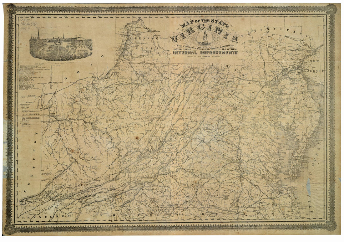 This old map of Map of the State of Virginia : Containing the Counties, Principal Towns, Railroads, Rivers, Canals & All Other Internal Improvements. (New Map of Virginia) from 1864 was created by West & Johnston in 1864