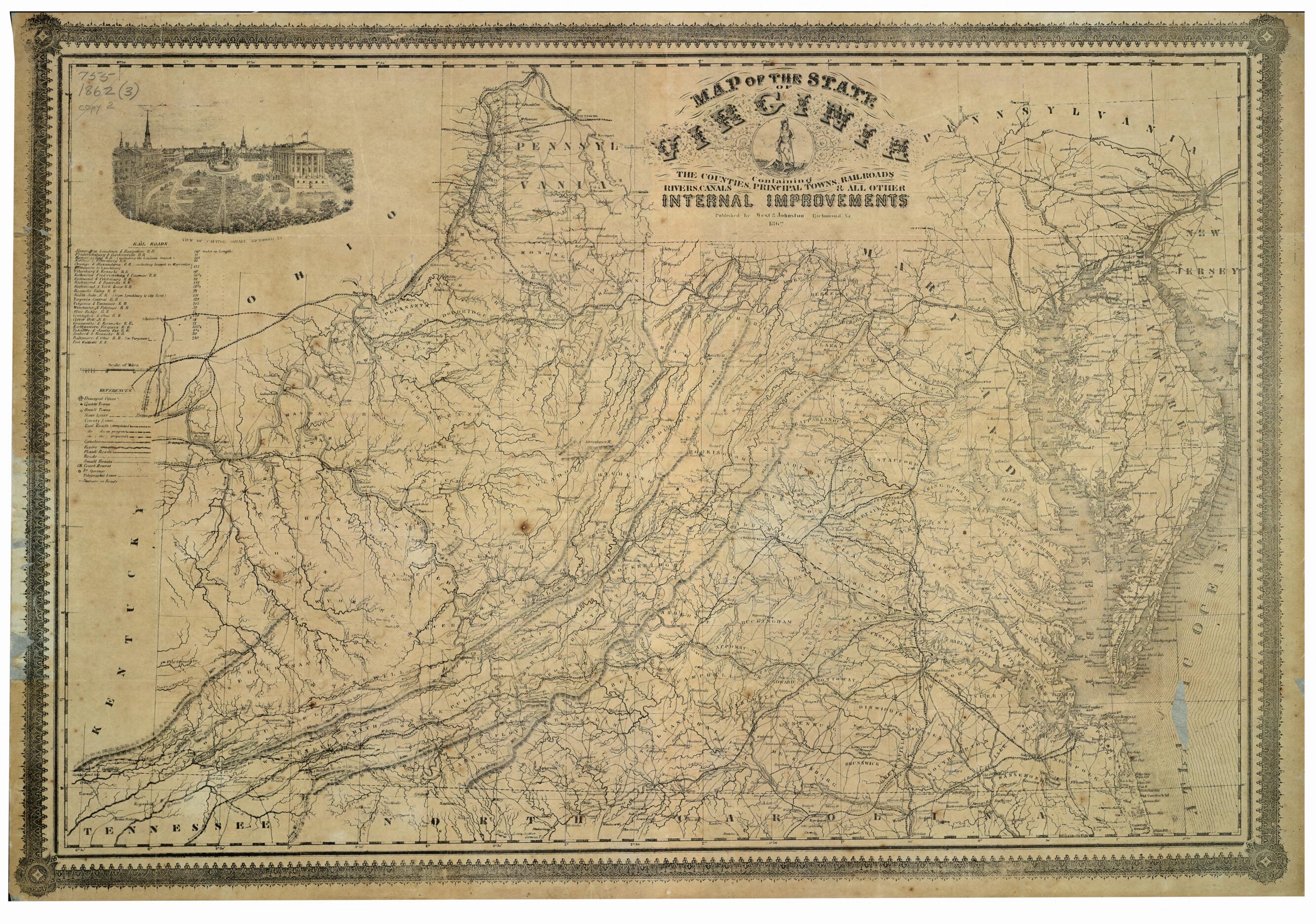 This old map of Map of the State of Virginia : Containing the Counties, Principal Towns, Railroads, Rivers, Canals & All Other Internal Improvements. (New Map of Virginia) from 1864 was created by West & Johnston in 1864