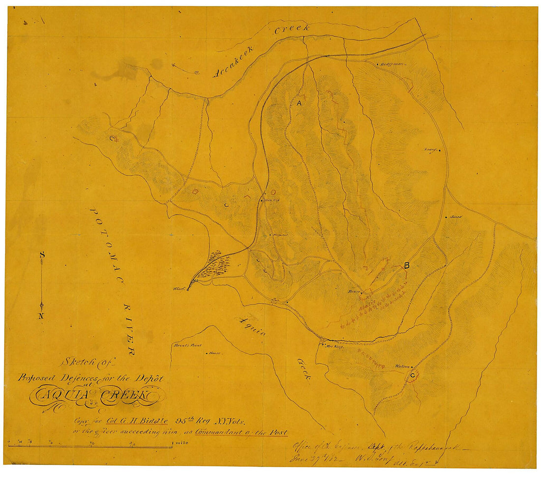 This old map of Sketch of Proposed Defences for the Depot at Aquia Creek from 1862 was created by G. H. Biddle, W. S. Long, United States. Army. Dept. Of the Rappahannock in 1862