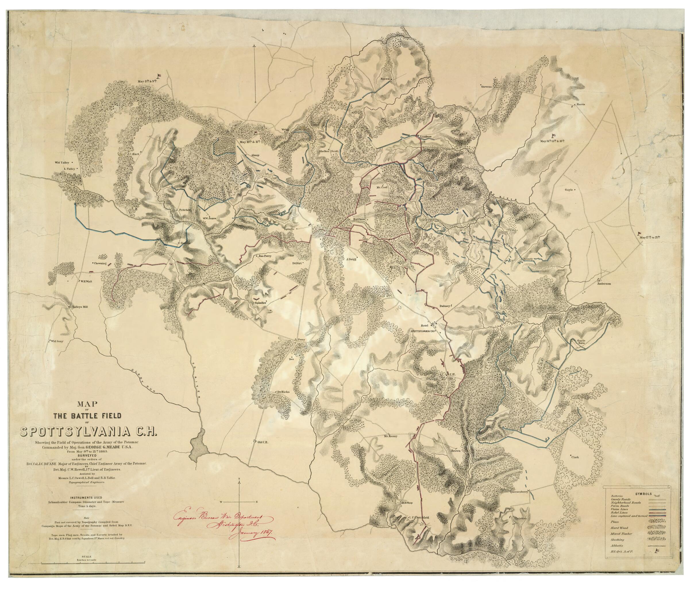 This old map of Map of the Battle Field of Spottsylvania C.H. : Showing the Field of Operations of the Army of the Potomac Commanded by Maj. Gen. George G. Meade U.S.A., from May 8th to 21st, 1865 i.e. from 1864 (Battle Field of Spottsylvania C.H.) was c