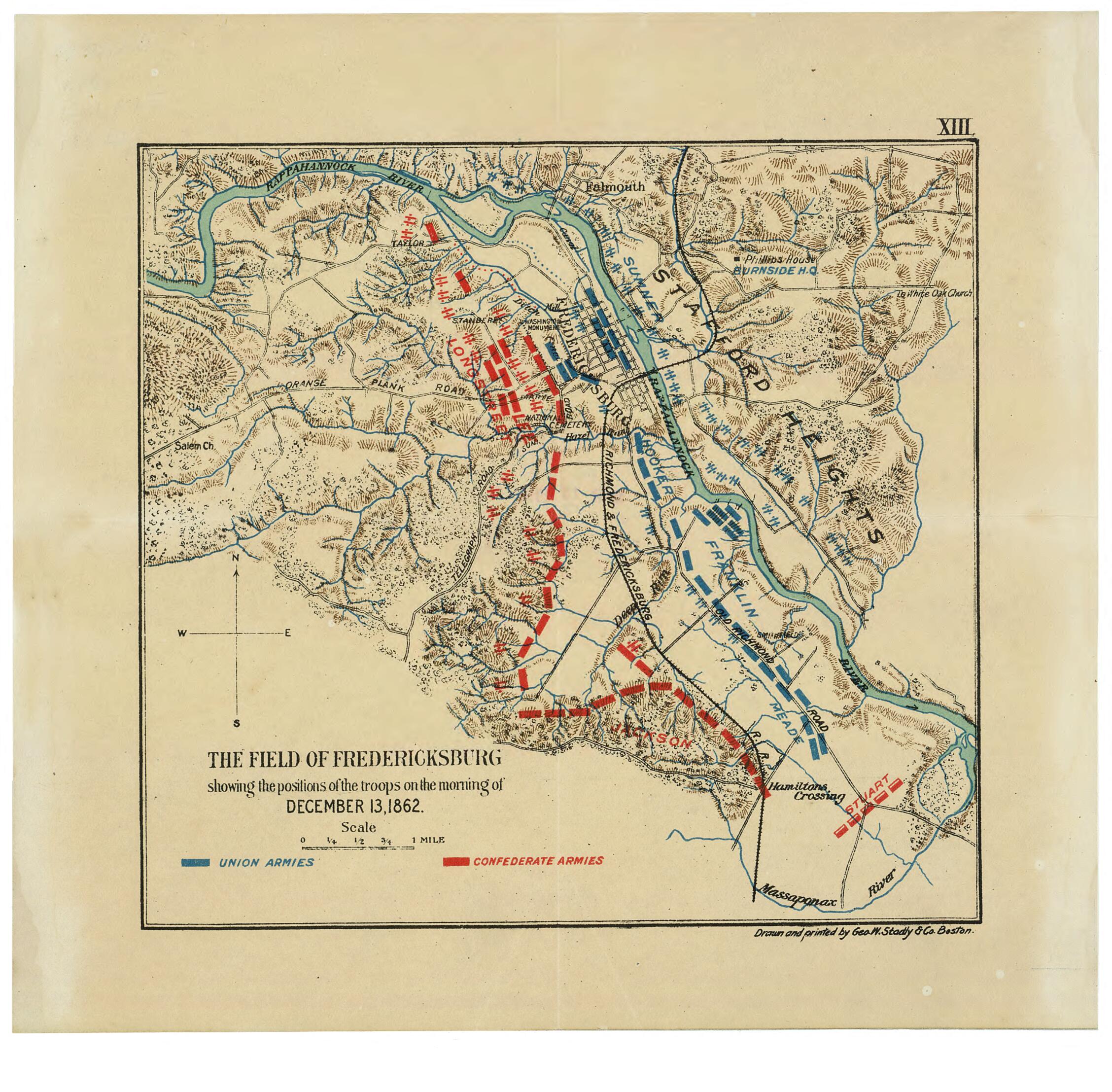 This old map of The Field of Fredericksburg : Showing the Positions of the Troops On the Morning of December 13, 1862 from 1898 was created by Geo. W. Stadly & Co., John Codman Ropes in 1898
