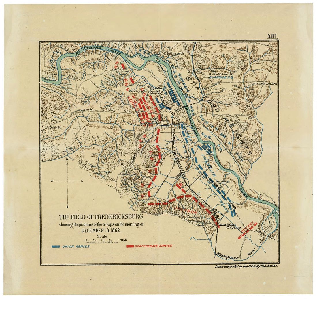 This old map of The Field of Fredericksburg : Showing the Positions of the Troops On the Morning of December 13, 1862 from 1898 was created by Geo. W. Stadly & Co., John Codman Ropes in 1898