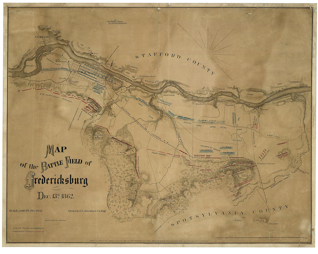 This old map of Map of the Battle Field of Fredericksburg, Dec. 13, 1862 (Map of the Battlefield of Fredericksburg, Dec. 13, 1862) from 1866 was created by A. Hoen & Co., B. L. (Benjamin Lewis) Blackford, Carter M. Braxton in 1866