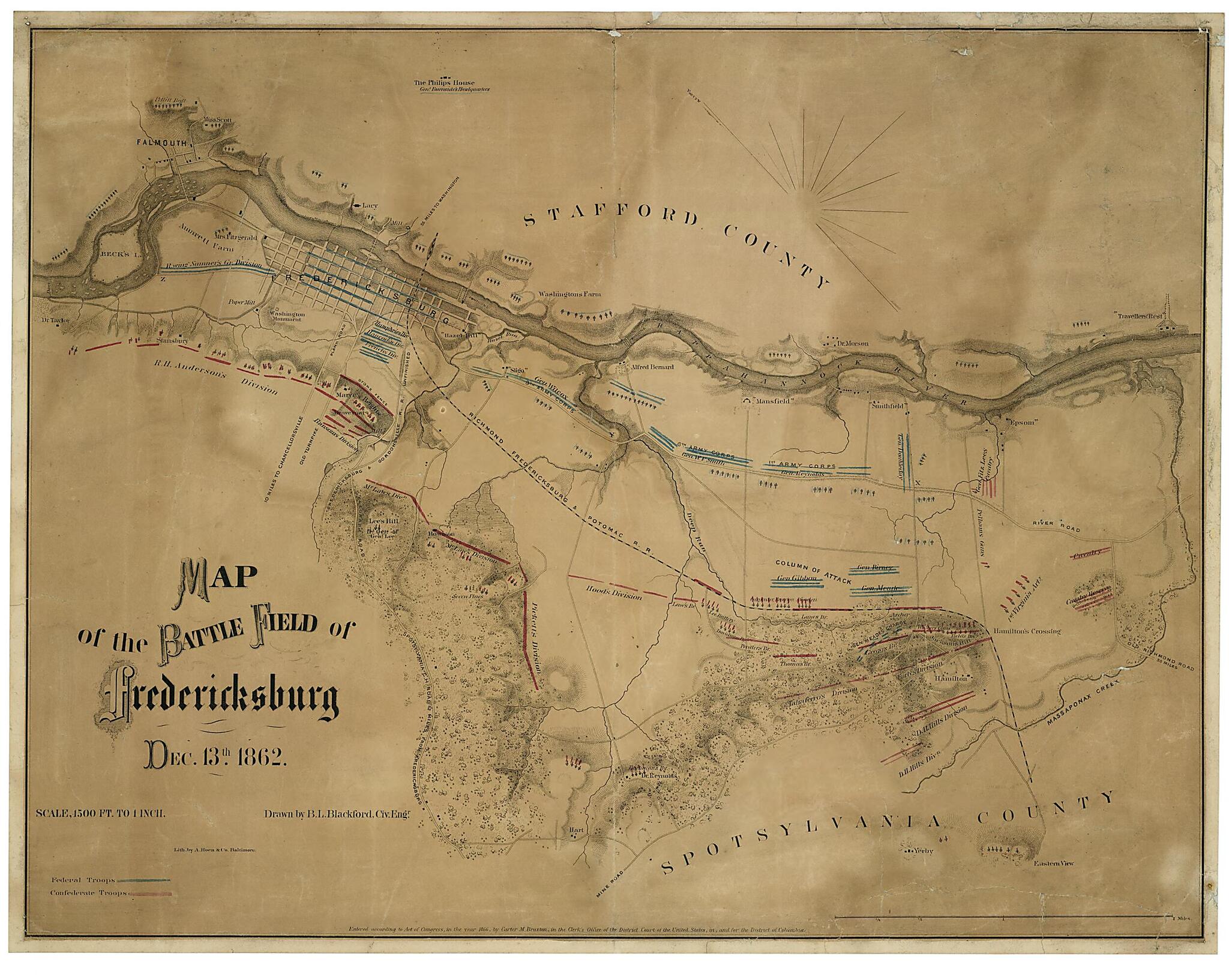 This old map of Map of the Battle Field of Fredericksburg, Dec. 13, 1862 (Map of the Battlefield of Fredericksburg, Dec. 13, 1862) from 1866 was created by A. Hoen & Co., B. L. (Benjamin Lewis) Blackford, Carter M. Braxton in 1866