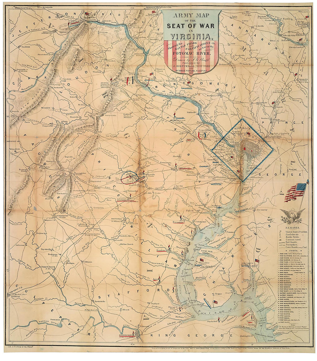 This old map of Army Map of the Seat of War In Virginia : Showing the Battle Fields, Fortifications Etc. On & Near the Potomac River from 1862 was created by Joseph Goldsborough Bruff in 1862