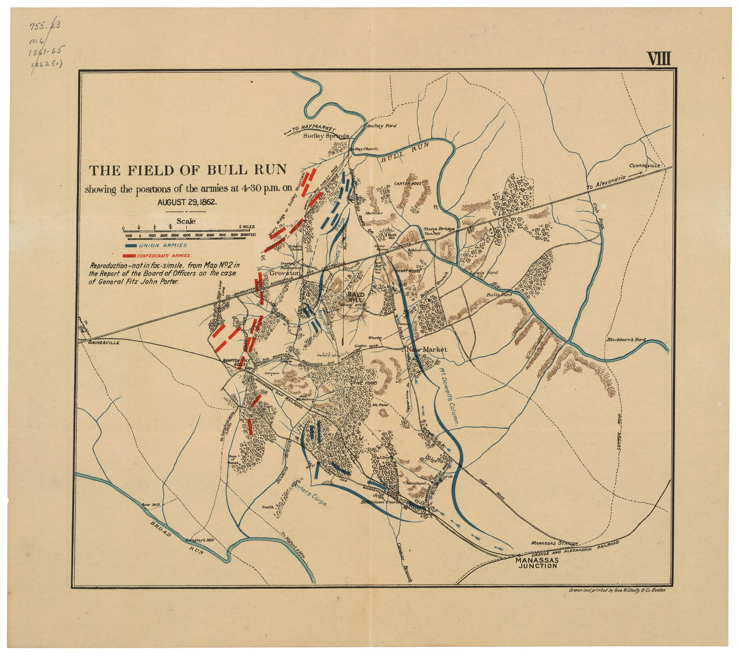 This old map of The Field of Bull Run : Showing the Positions of the Armies at 4:30 P.m. On August 29, 1862 from 1898 was created by Geo. W. Stadly & Co., John Codman Ropes in 1898
