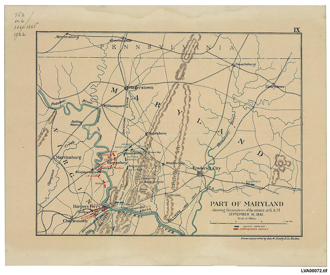This old map of Part of Maryland : Showing the Positions of the Armies at 6 A.m. September 16, 1862 from 1898 was created by Geo. W. Stadly & Co., John Codman Ropes in 1898