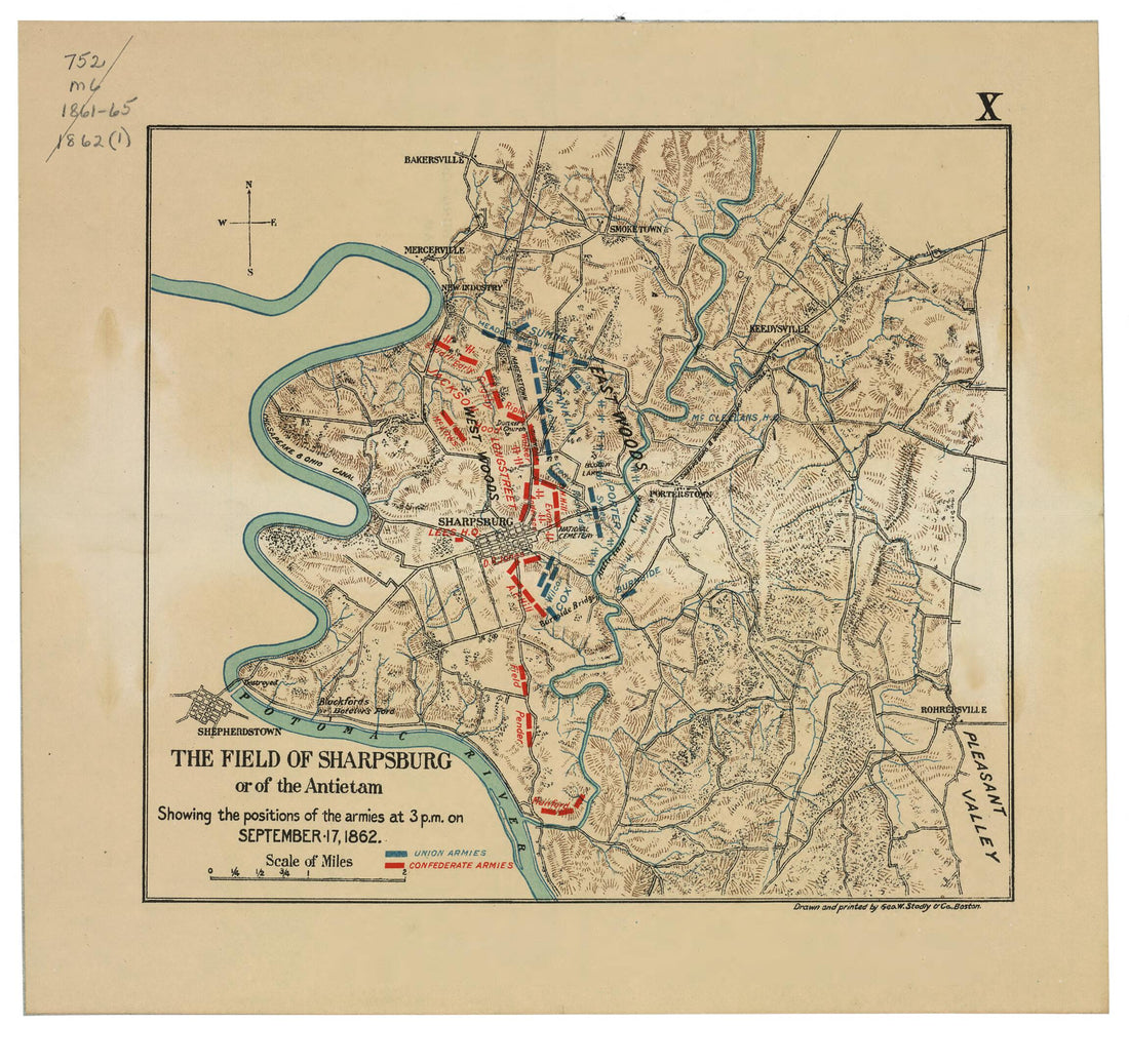 This old map of The Field of Sharpsburg Or of the Antietam : Showing the Positions of the Armies at 3 P.m. On September 17, 1862 from 1898 was created by Geo. W. Stadly & Co., John Codman Ropes in 1898