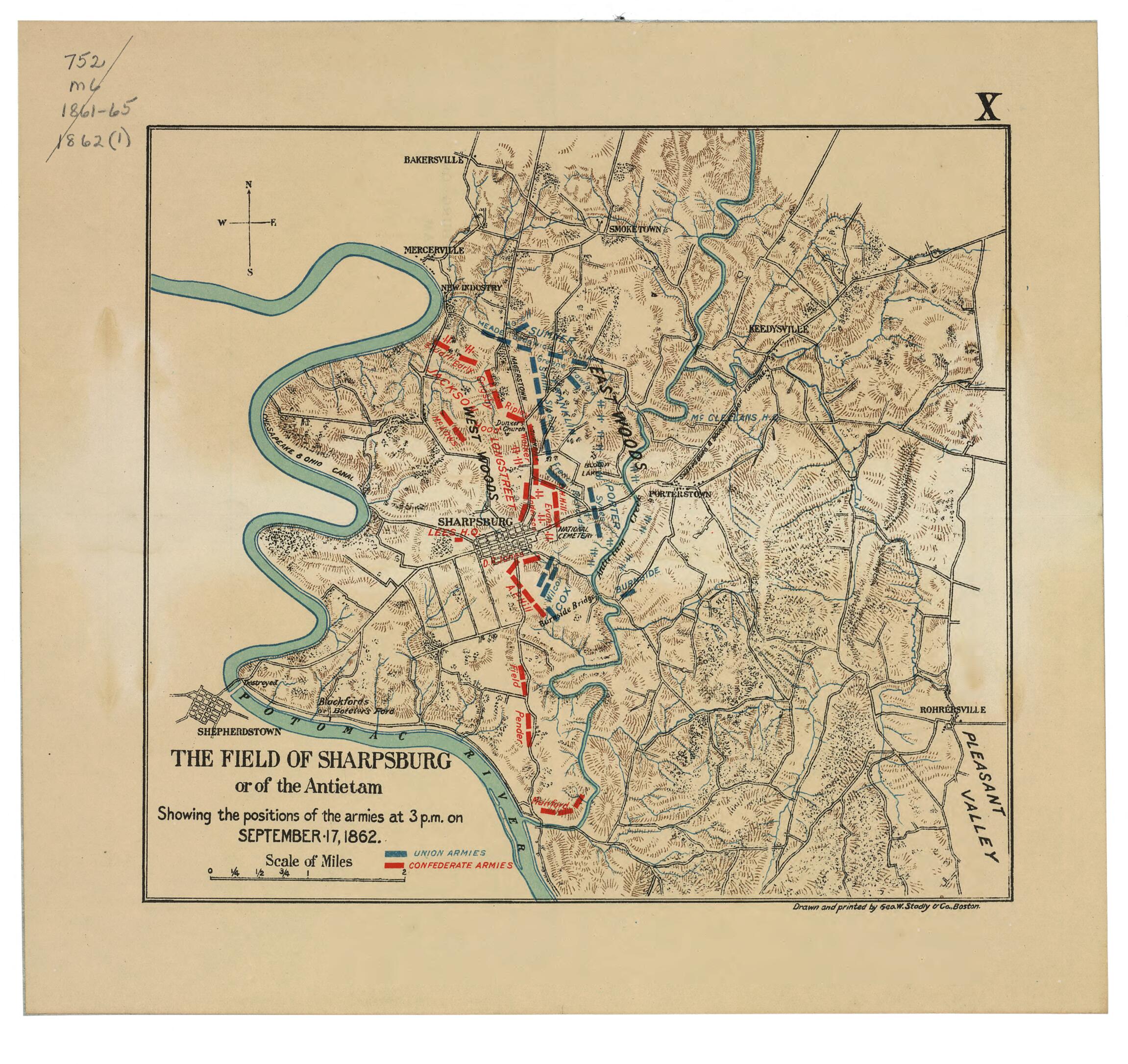 This old map of The Field of Sharpsburg Or of the Antietam : Showing the Positions of the Armies at 3 P.m. On September 17, 1862 from 1898 was created by Geo. W. Stadly & Co., John Codman Ropes in 1898