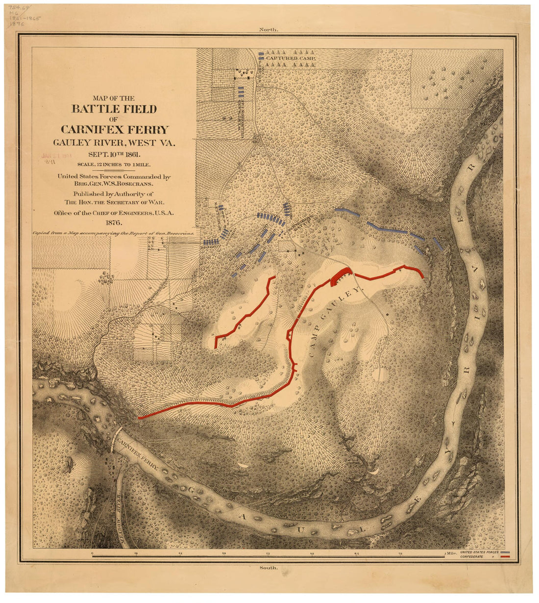 This old map of Map of the Battle Field of Carnifex Ferry, Gauley River, West Va., Sept. 10th 1861 : United States Forces Commanded by Brig. Gen. W.S. Rosecrans from 1876 was created by United States. Army. Corps of Engineers in 1876