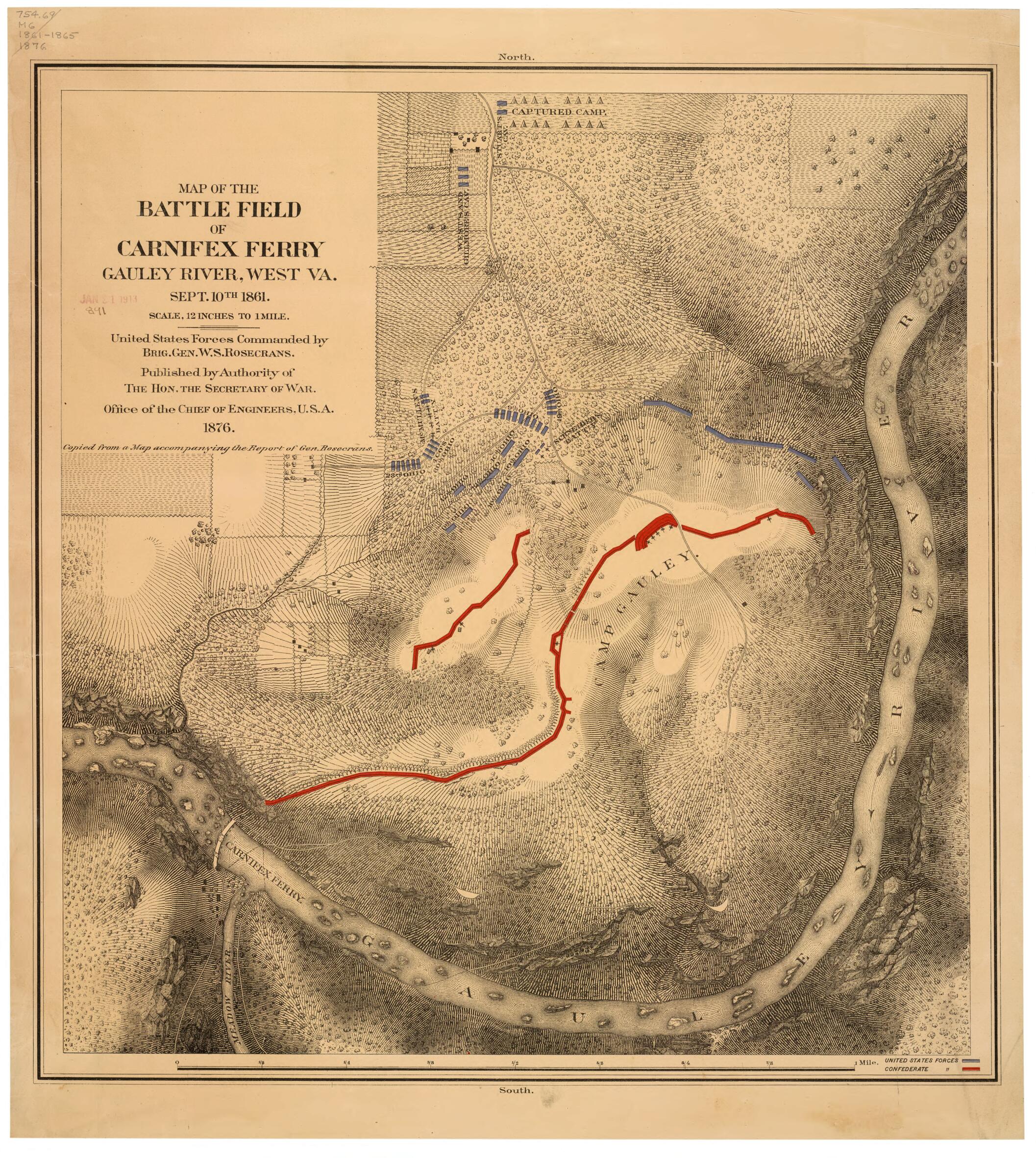 This old map of Map of the Battle Field of Carnifex Ferry, Gauley River, West Va., Sept. 10th 1861 : United States Forces Commanded by Brig. Gen. W.S. Rosecrans from 1876 was created by United States. Army. Corps of Engineers in 1876