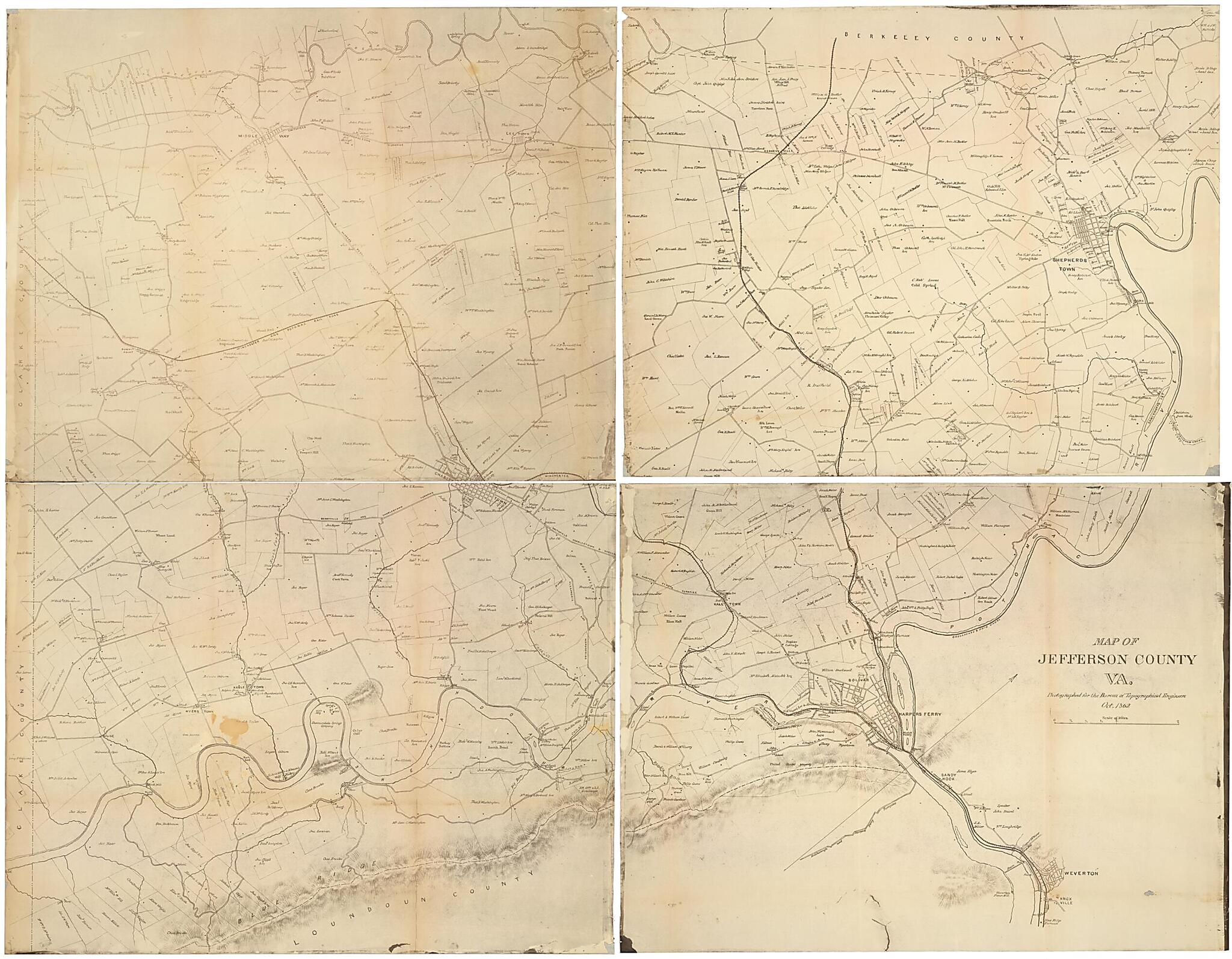This old map of Map of Jefferson County, Va. Photographed for the Bureau of Topographical Engineers Oct., from 1862 was created by Samuel Howell Brown, United States. Topographical Bureau in 1862