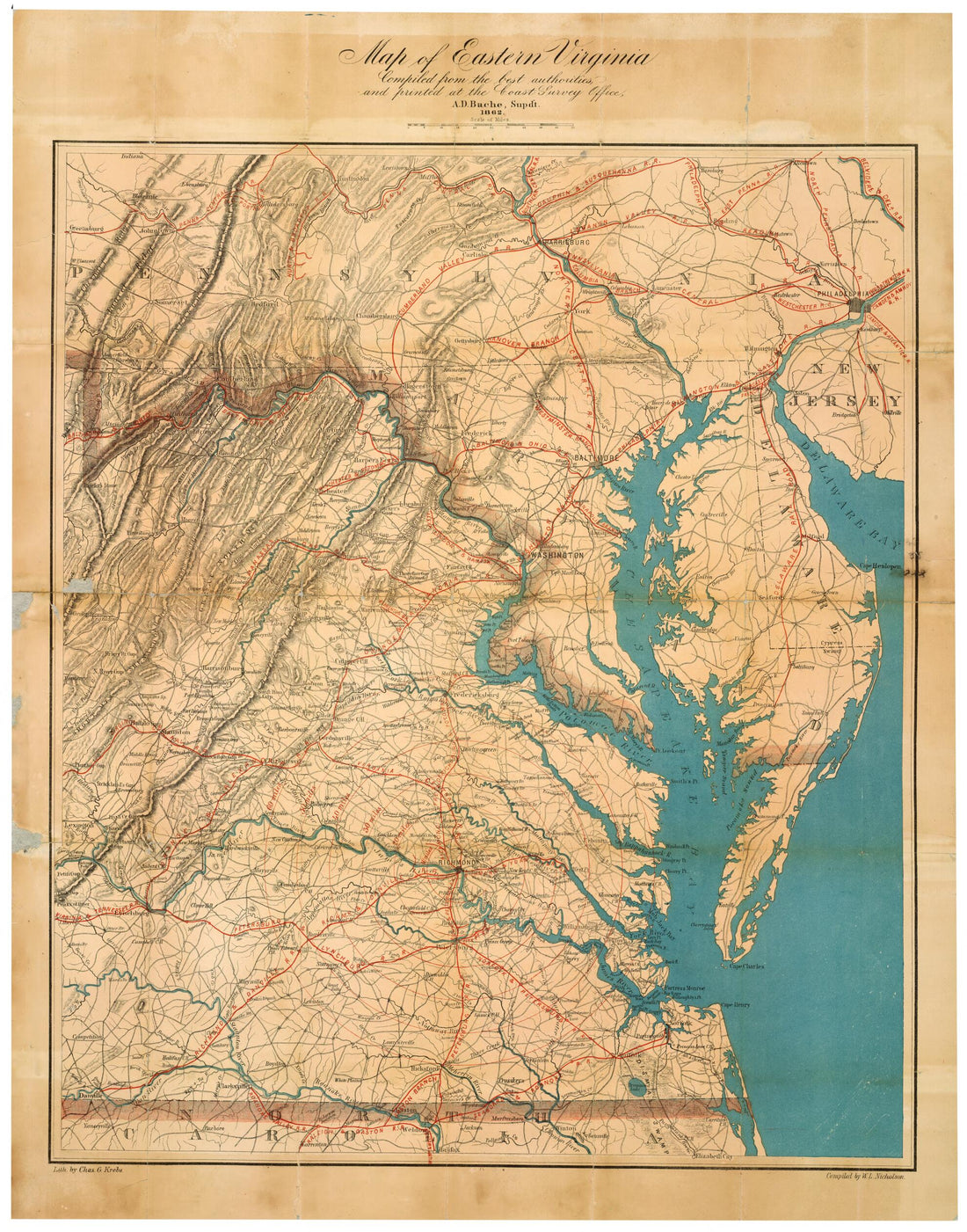 This old map of Map of Eastern Virginia, from 1862 was created by A. D. (Alexander Dallas) Bache, W. L. Nicholson,  United States Coast Survey,  W.H. & O.H. Morrison (Firm) in 1862