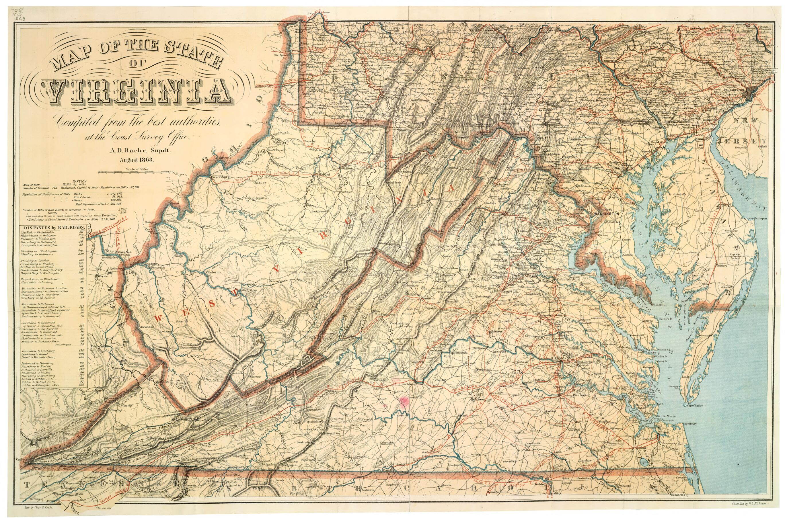 This old map of Map of the State of Virginia (Map of Virginia) from 1863 was created by A. D. (Alexander Dallas) Bache, Charles G. Krebs, W. L. Nicholson, United States Coast Survey, W.H. & O.H. Morrison (Firm) in 1863