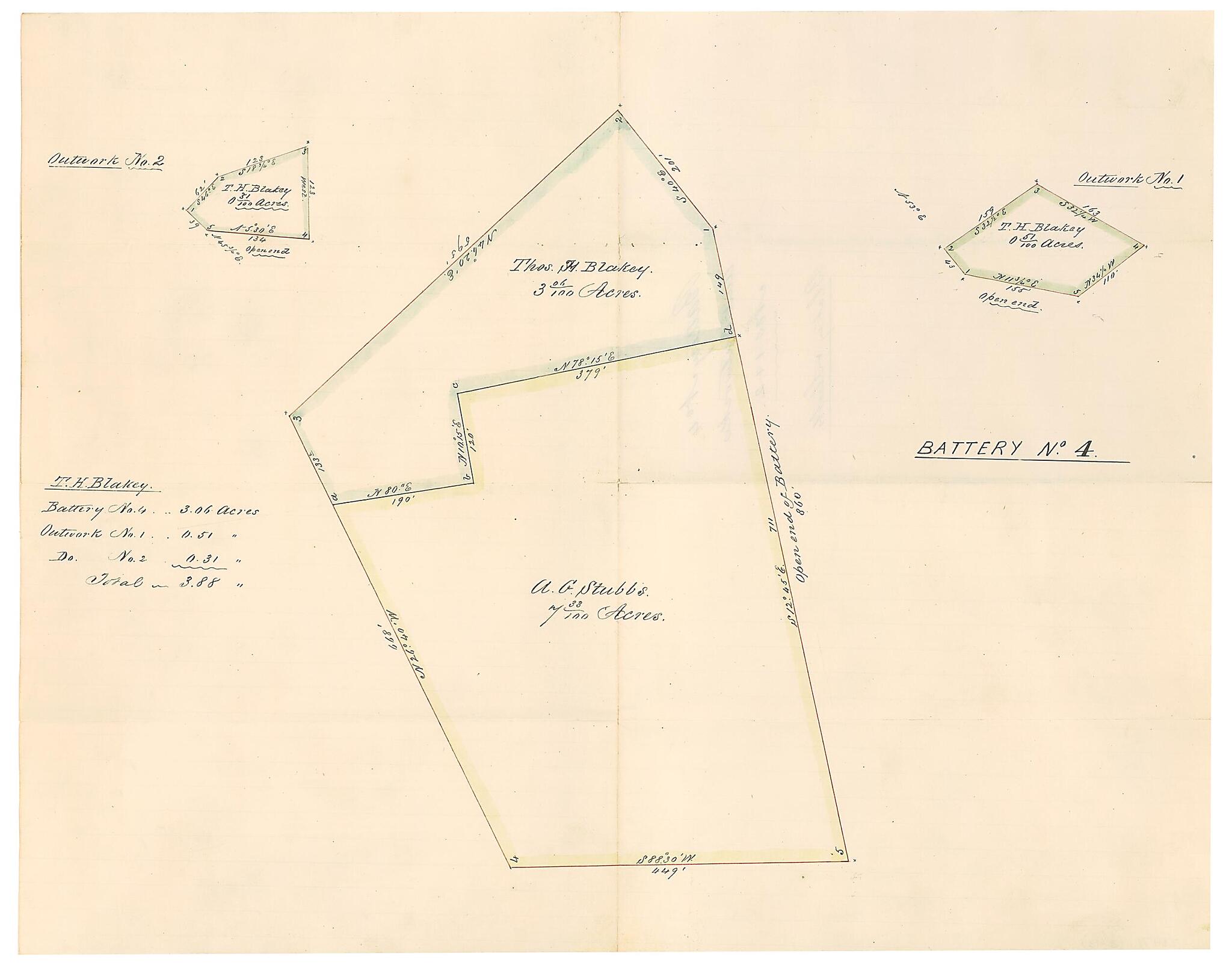This old map of Battery No. 4 and Outworks Nos. 1 and 2 : Blakey & Stubbs from 1861 was created by B. M. Jones in 1861