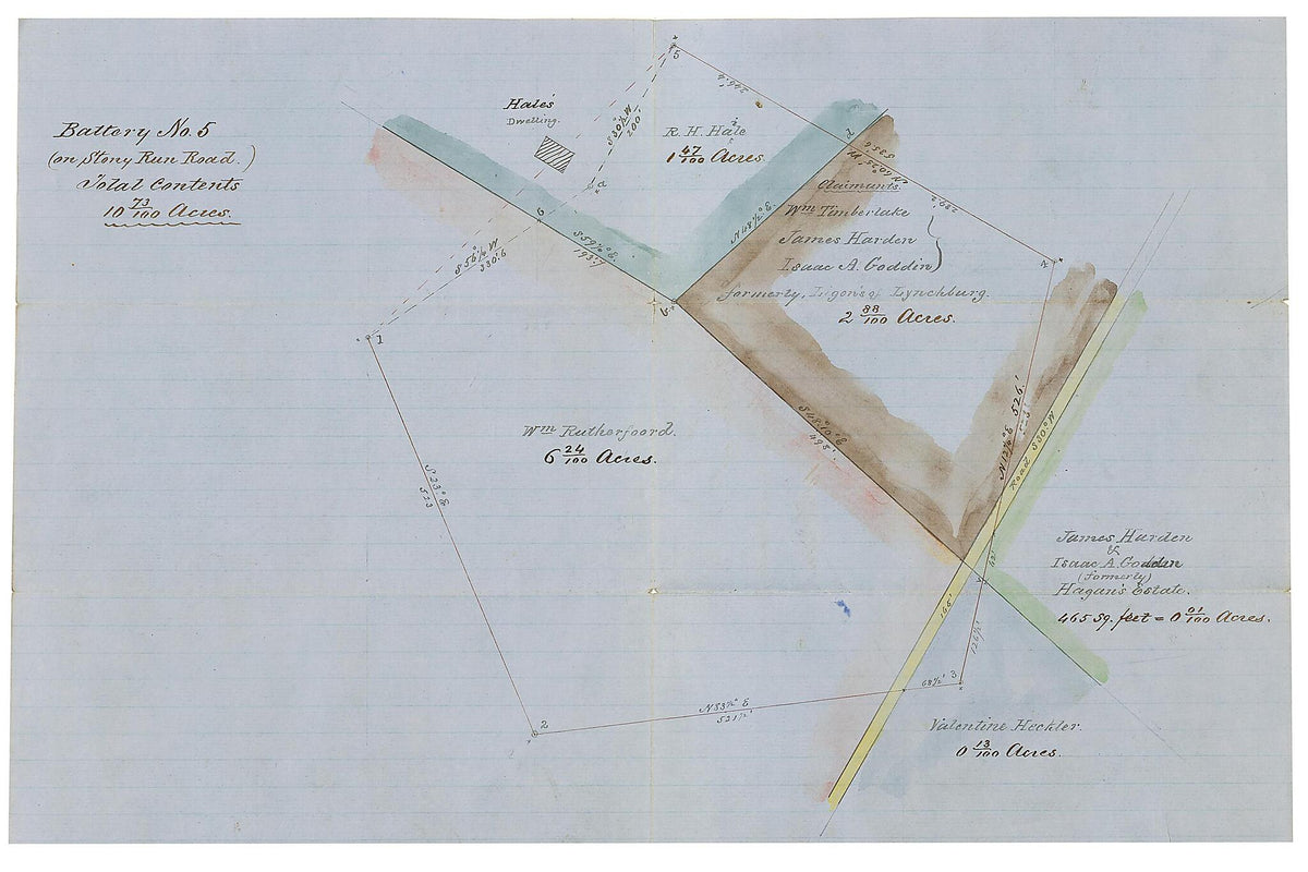 Battery No. 5 (on Stony Run Road) : Total Contents 10 73/100 Acres 1861 by Relic Map Company