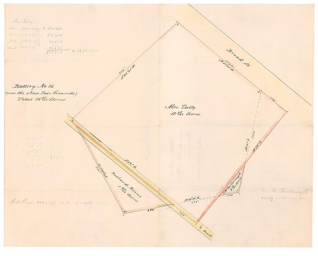 This old map of Battery No. 10 (near the New Fair Grounds) : Total 14 85/100 Acres from 1861 was created by B. M. Jones in 1861