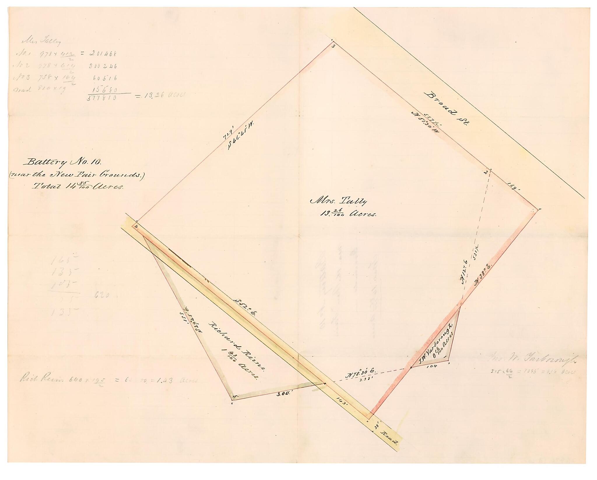 This old map of Battery No. 10 (near the New Fair Grounds) : Total 14 85/100 Acres from 1861 was created by B. M. Jones in 1861
