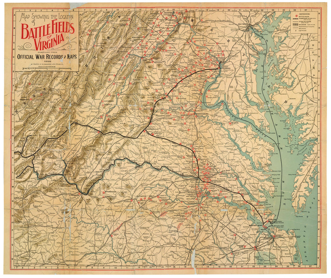 This old map of Map Showing the Location of Battle Fields of Virginia (Battle Fields of Virginia, Battlefield of Virginia) from 1864 was created by Chesapeake and Ohio Railway Company, Poole Brothers in 1864