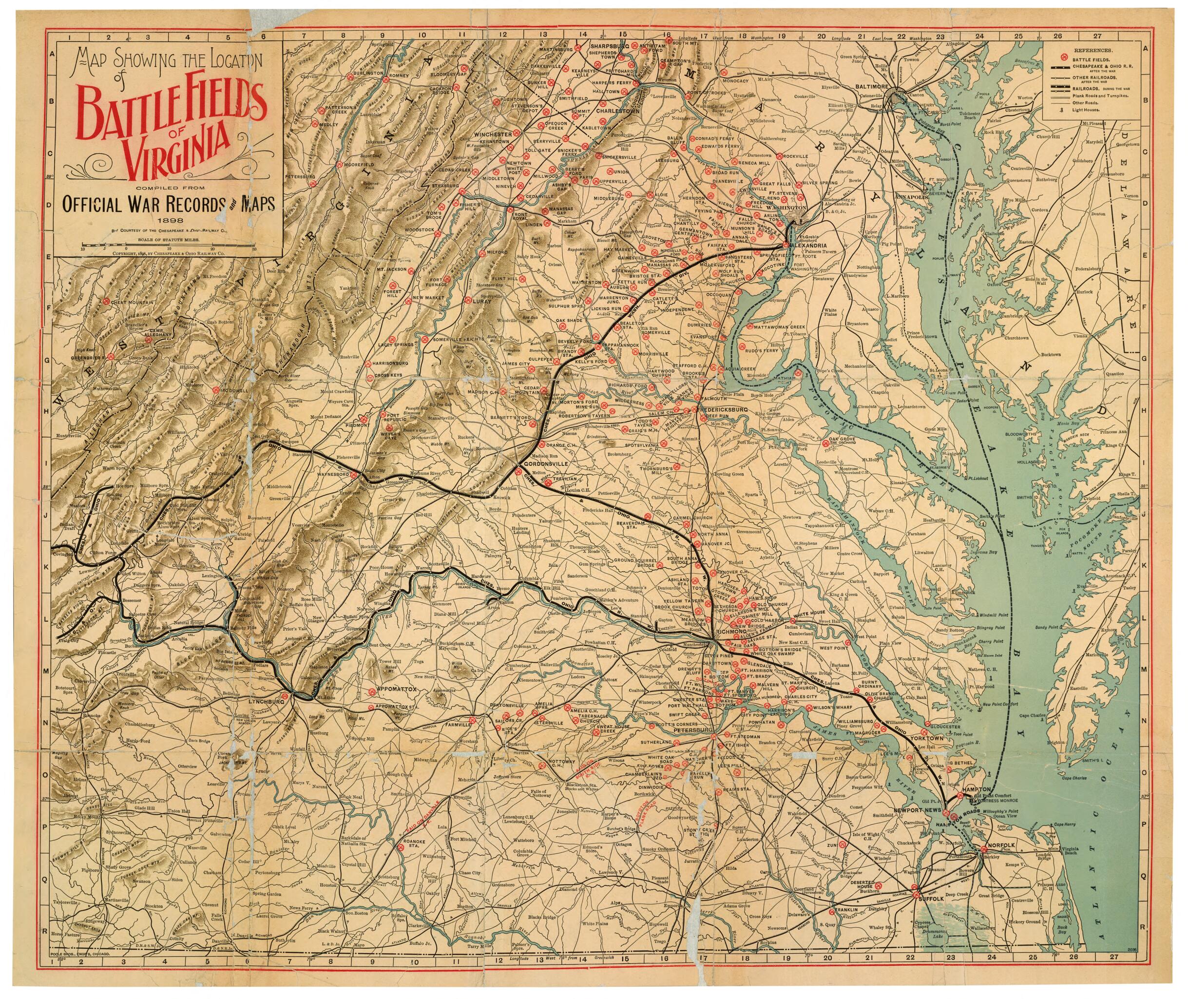 This old map of Map Showing the Location of Battle Fields of Virginia (Battle Fields of Virginia, Battlefield of Virginia) from 1864 was created by Chesapeake and Ohio Railway Company, Poole Brothers in 1864