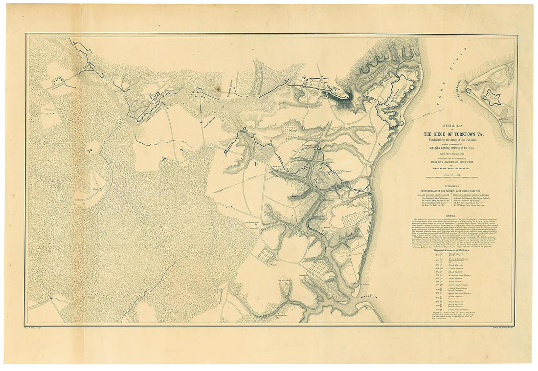 This old map of Official Plan of the Siege of Yorktown, Va. : Conducted by the Army of the Potomac Under Command of Maj. Gen. George B. McClellan U.S.A., April 5th to May 3rd from 1862 was created by Henry L. Abbot, J. F. Gedney, Charles G. Krebs, Unite