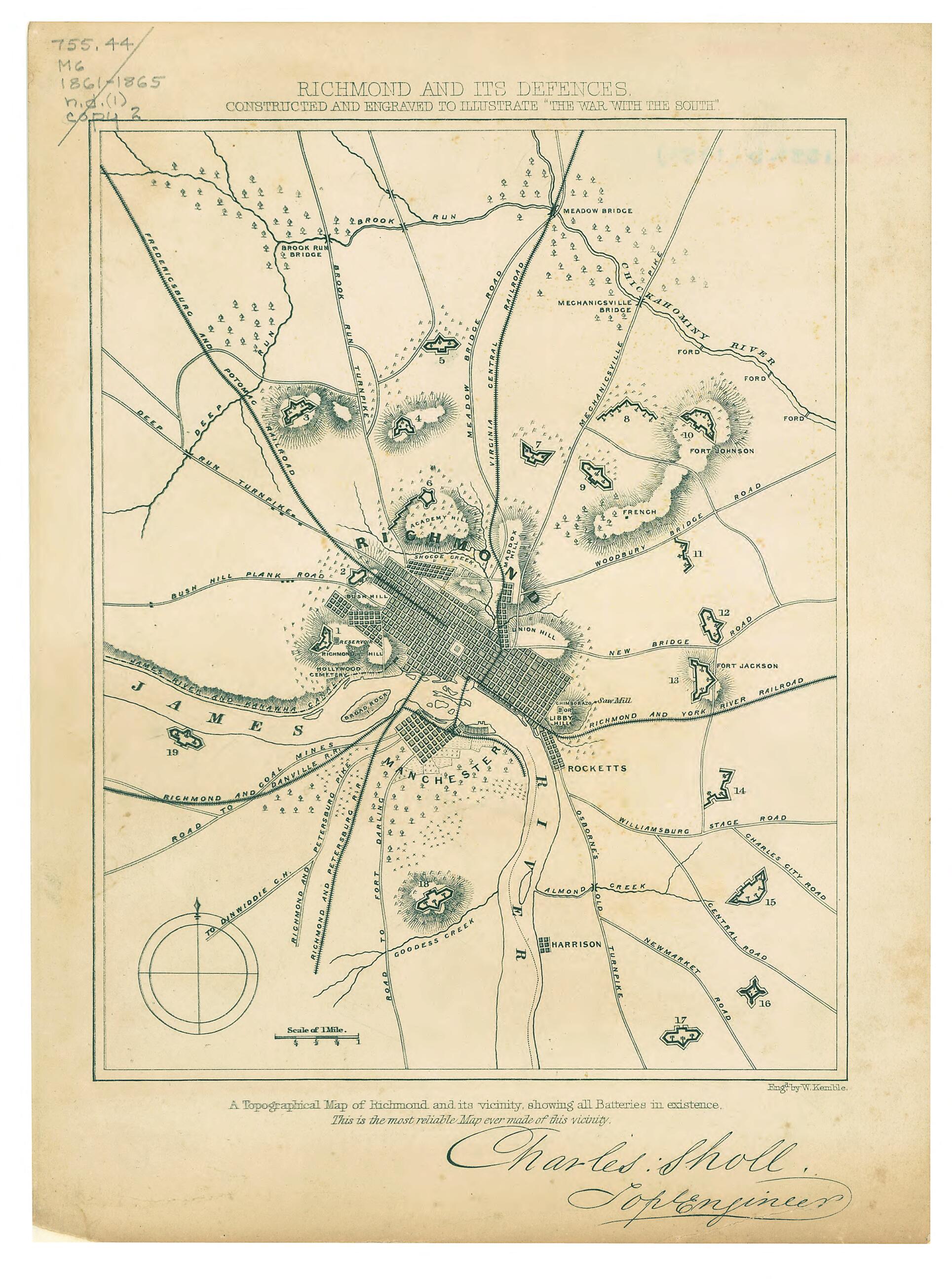 This old map of Richmond and Its Defences sic : Constructed and Engraved to Illustrate The War With the South (Richmond and Its Defenses) from 1862 was created by W. (William) Kemble, Charles Sholl in 1862